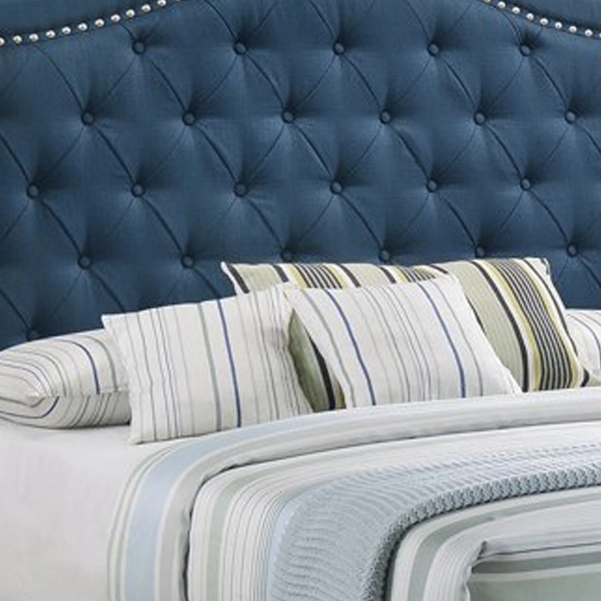 Fabric Upholstered Wooden Demi Wing Full Bed With Camelback Headboard, Blue By Benzara - Image 3