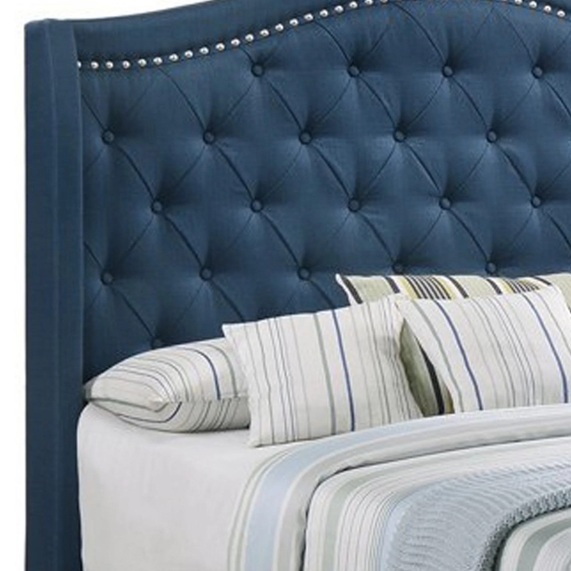 Fabric Upholstered Wooden Demi Wing Full Bed With Camelback Headboard, Blue By Benzara - Image 4