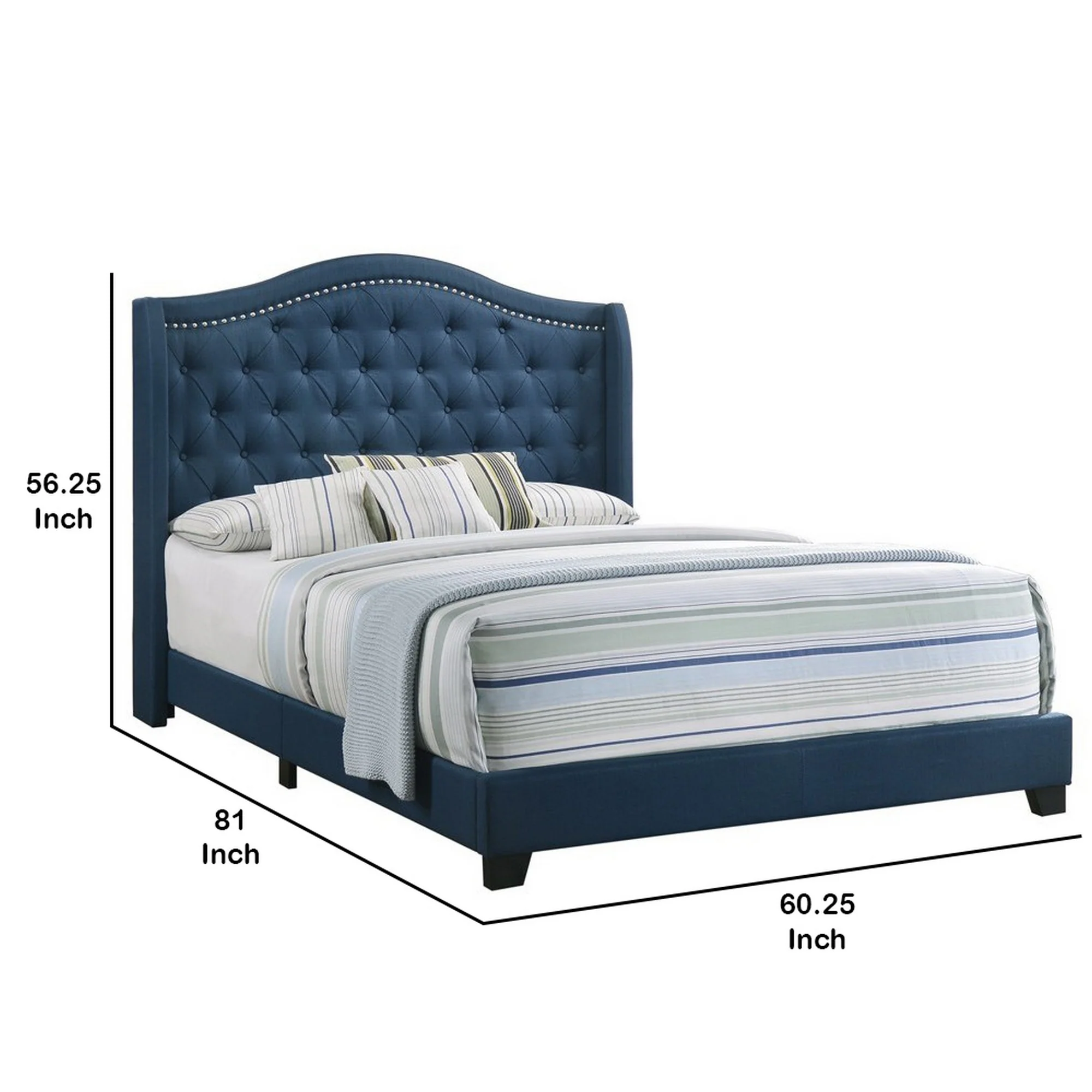 Fabric Upholstered Wooden Demi Wing Full Bed With Camelback Headboard, Blue By Benzara - Image 5