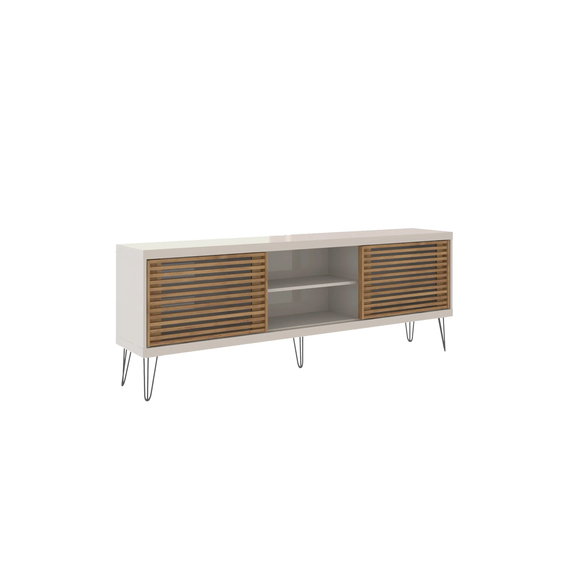 Farmhouse TV Stand With Metal Legs And Wood-Slat Sliding Doors 70 inch tv By Homeroots - Image 2