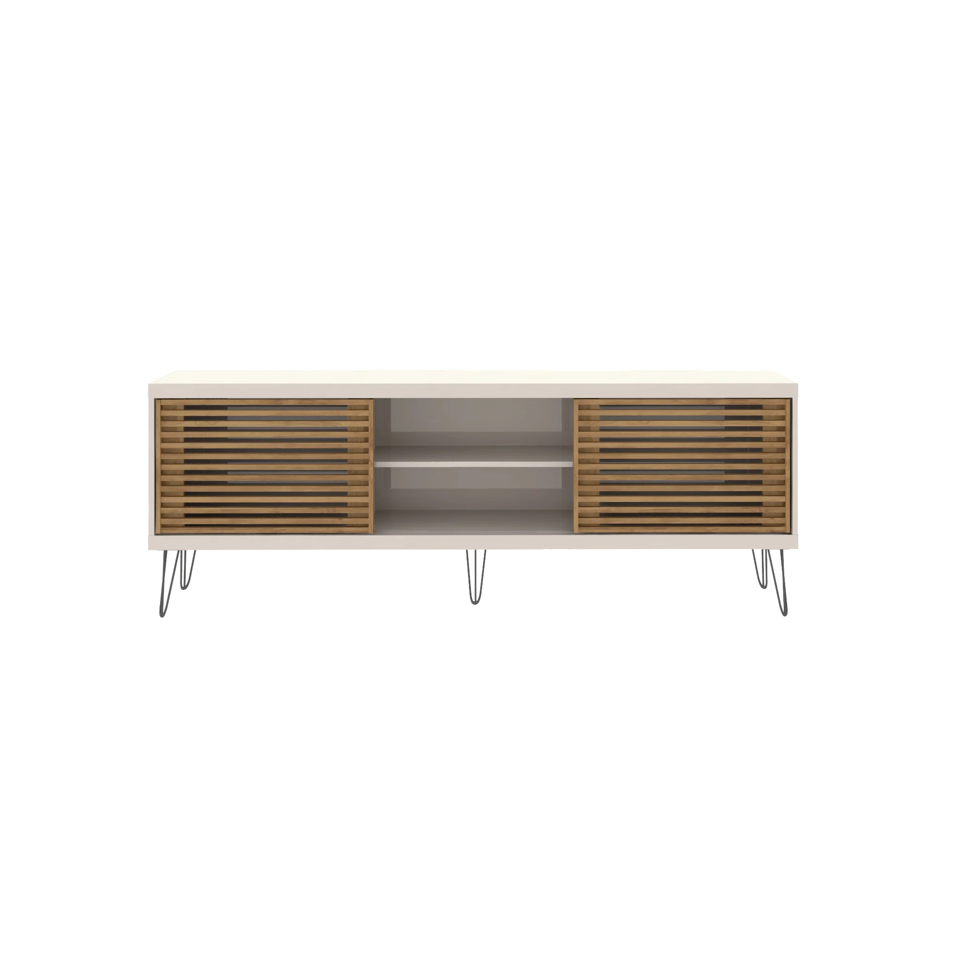 Farmhouse TV Stand With Metal Legs And Wood-Slat Sliding Doors 70 inch tv By Homeroots - Image 4