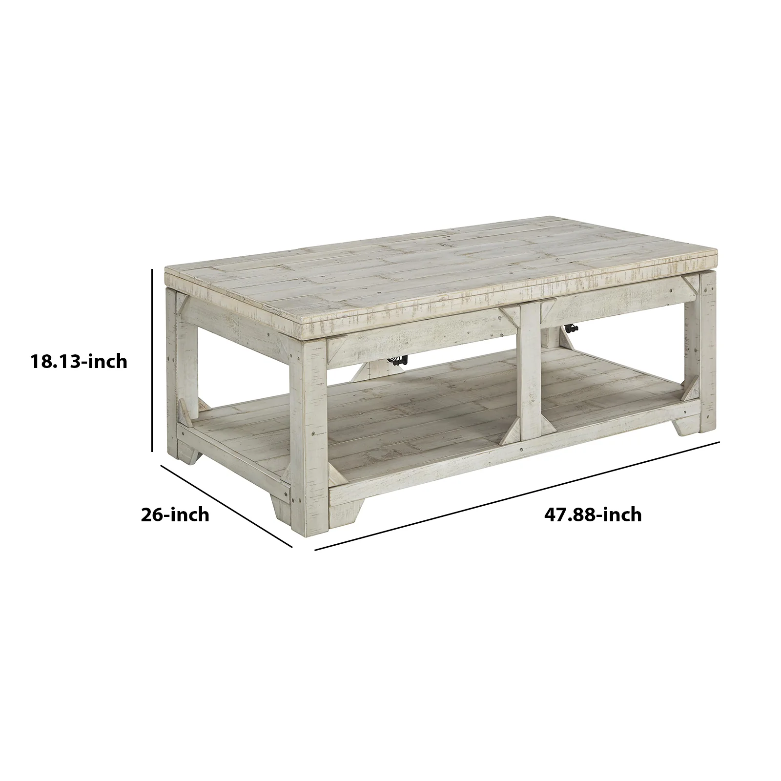 Farmhouse Wooden Lift Top Cocktail Table with Open Bottom Shelf, White By Benzara - Image 3
