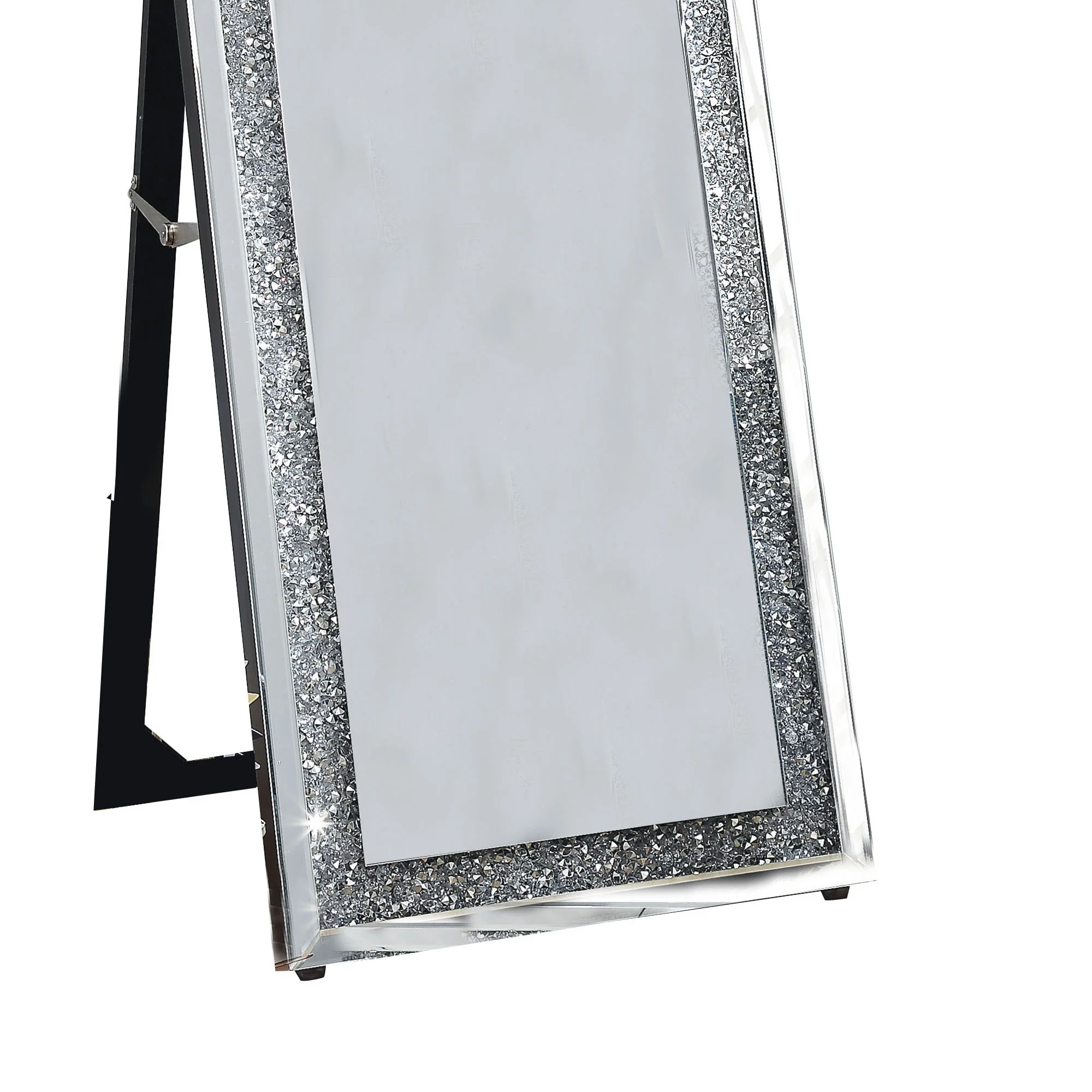 Faux Crystal Accented Wooden Floor Mirror, Clear and Silver By Benzara - Image 3