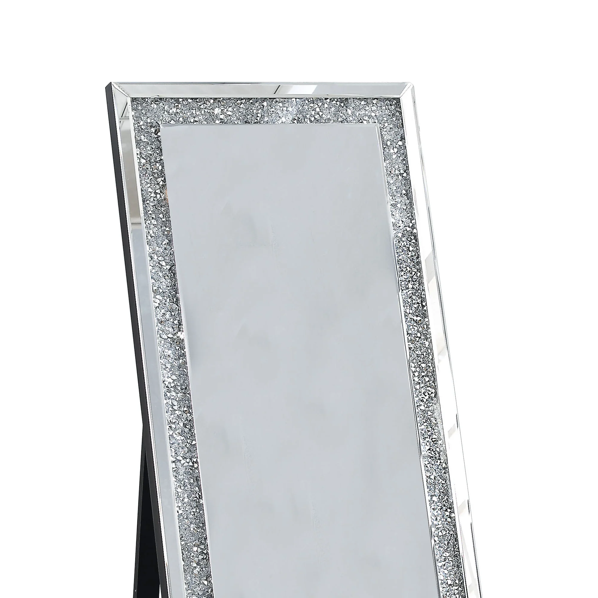 Faux Crystal Accented Wooden Floor Mirror, Clear and Silver By Benzara - Image 4