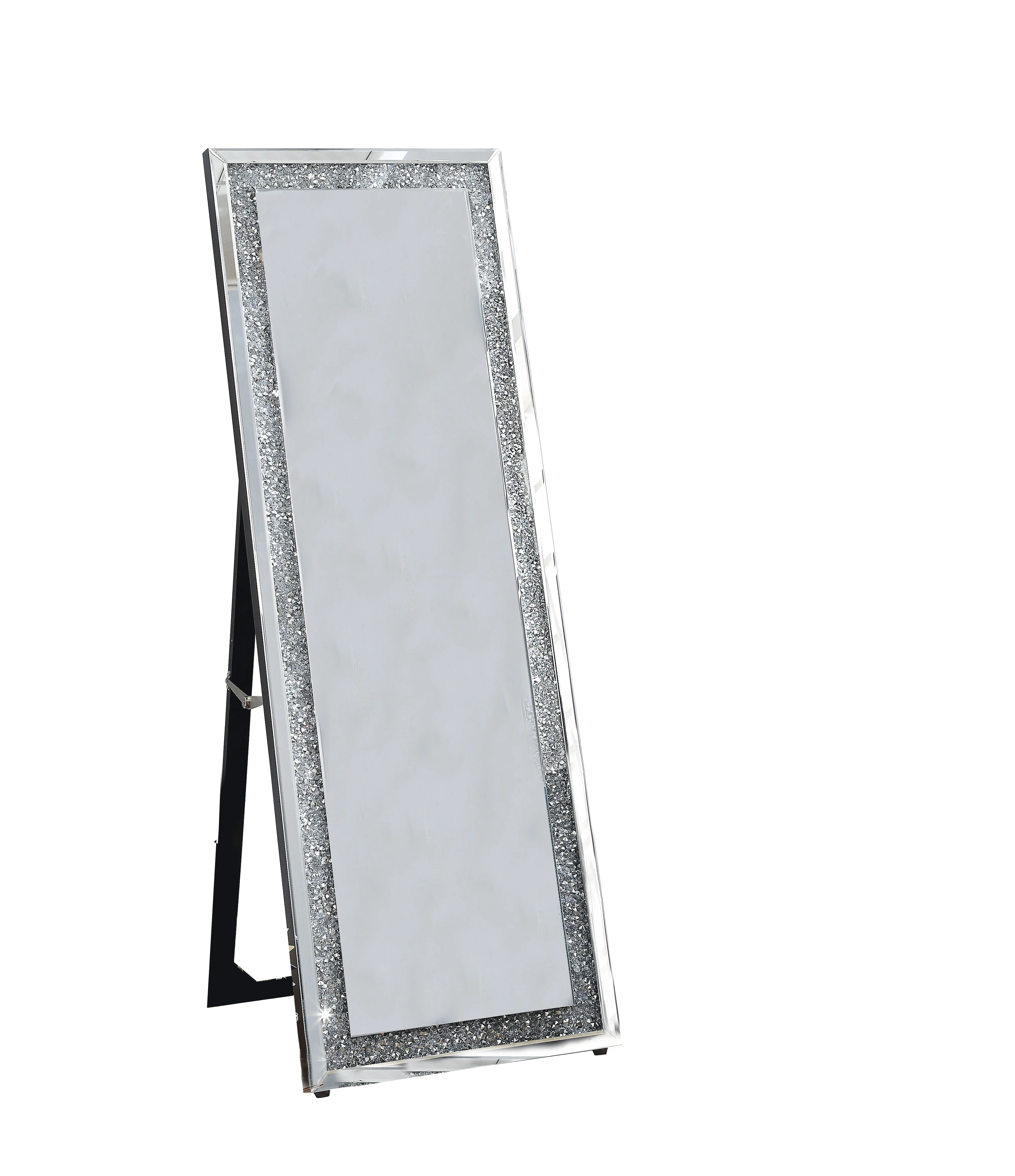 Faux Crystal Accented Wooden Floor Mirror, Clear and Silver By Benzara - Image 5