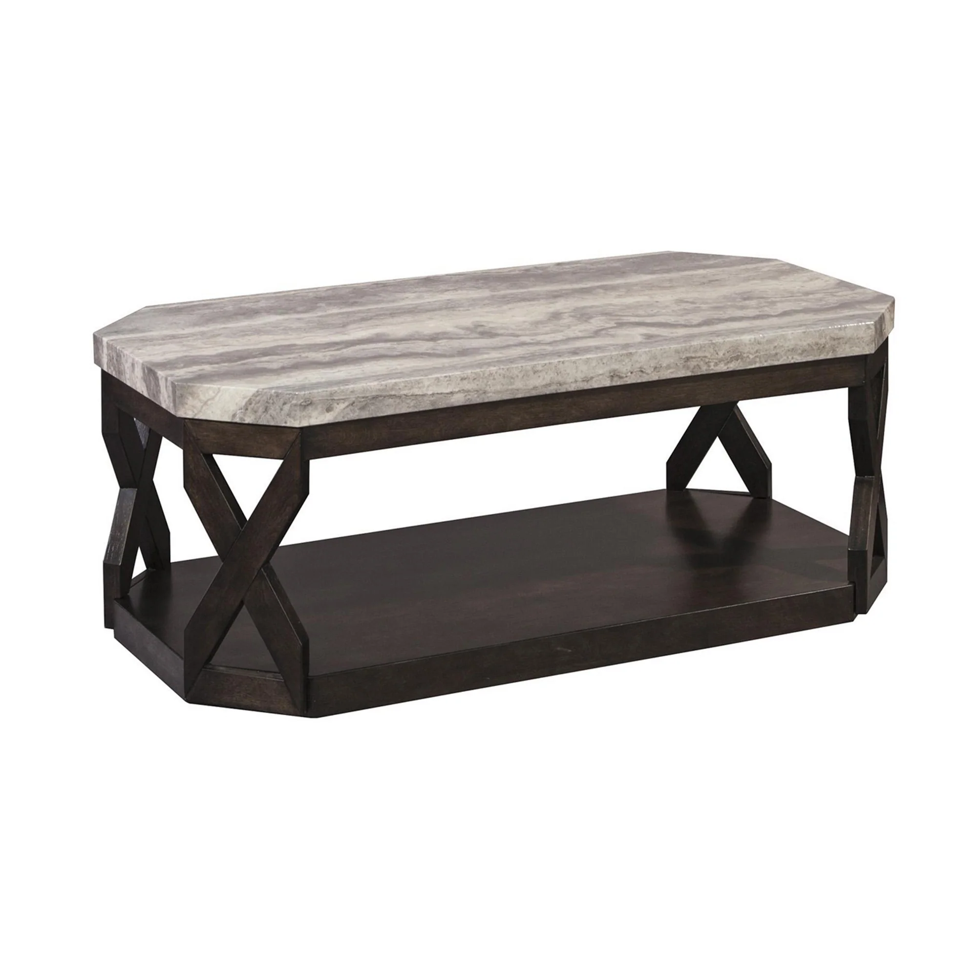 Faux Marble Table Set With 1 Coffee Table And 2 End Tables, Gray And Brown By Benzara - Image 2