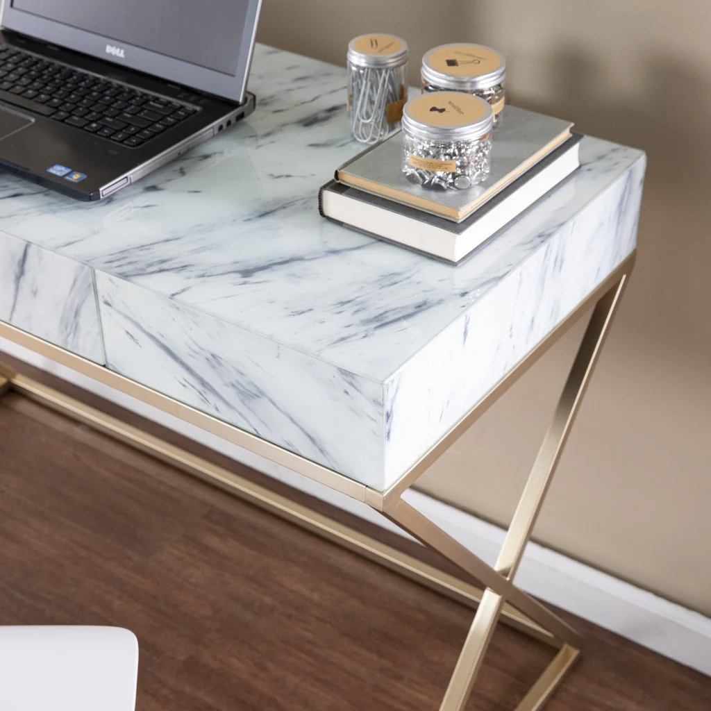 Faux Marble Writing Desk with Storage By Homeroots - Image 2