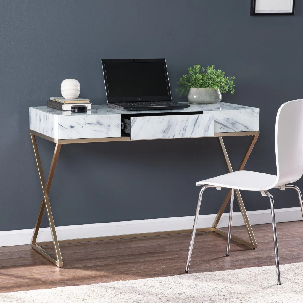 Faux Marble Writing Desk with Storage By Homeroots - Image 3