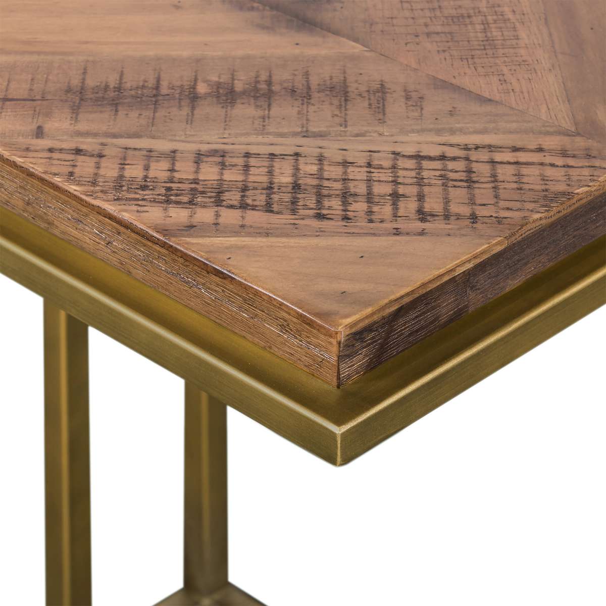 Faye Rustic Brown Wood C-Shape End table with Antique Brass Base By Armen Living - Image 4