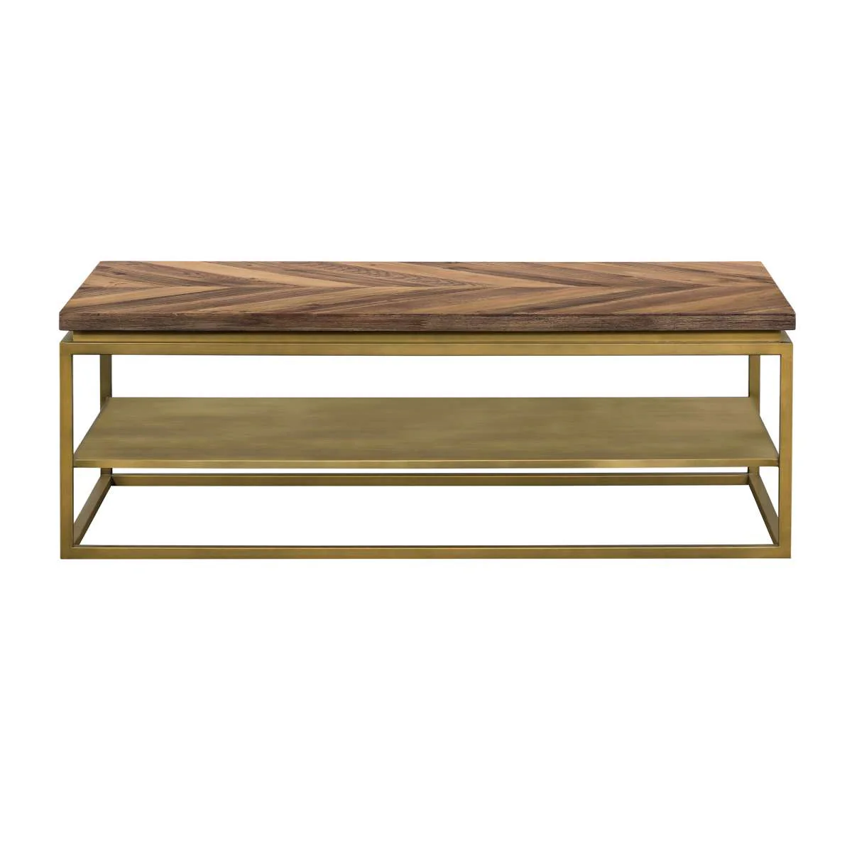 Faye Rustic Brown Wood Coffee Table with Shelf and Antique Brass Metal Base By Armen Living - Image 2