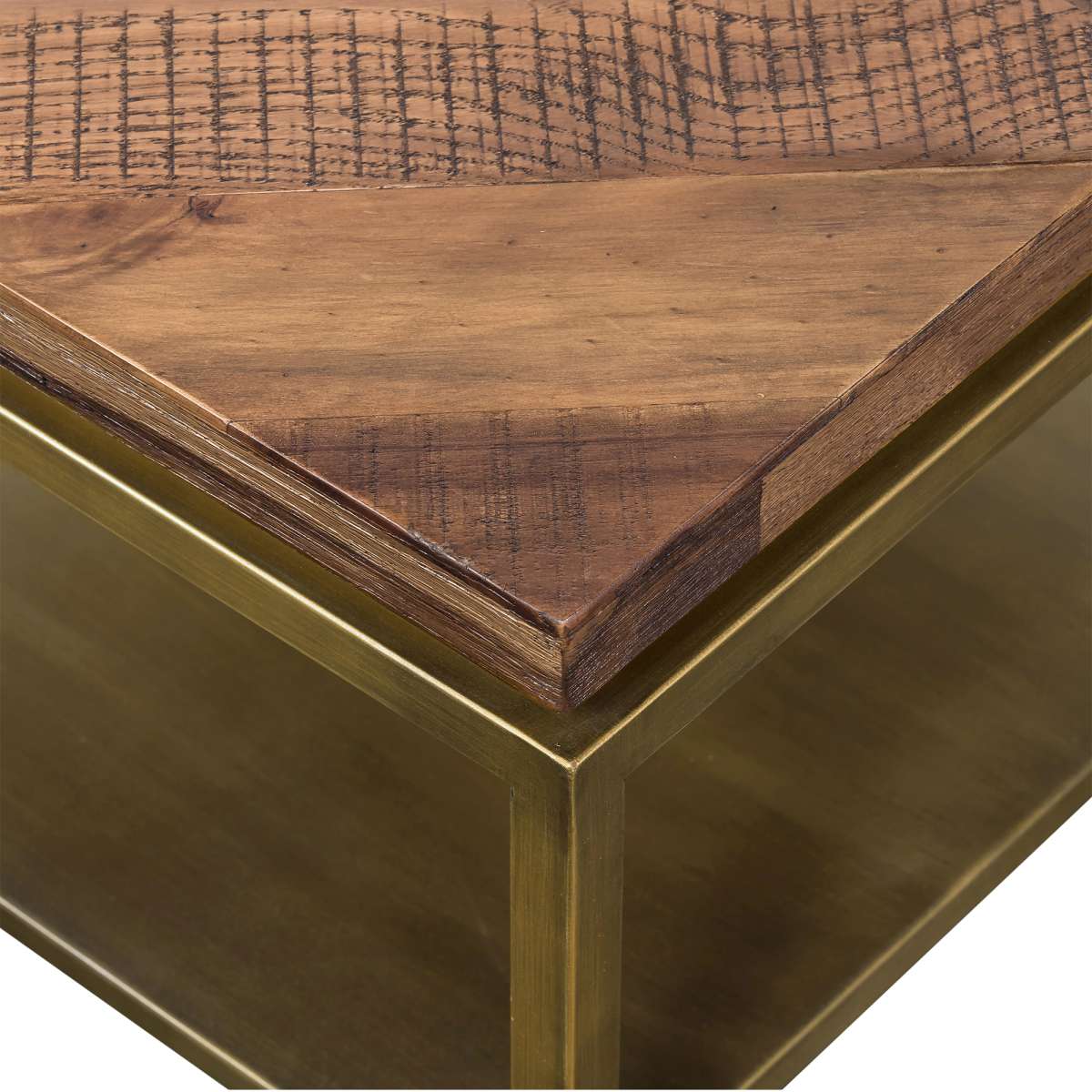 Faye Rustic Brown Wood Coffee Table with Shelf and Antique Brass Metal Base By Armen Living - Image 3