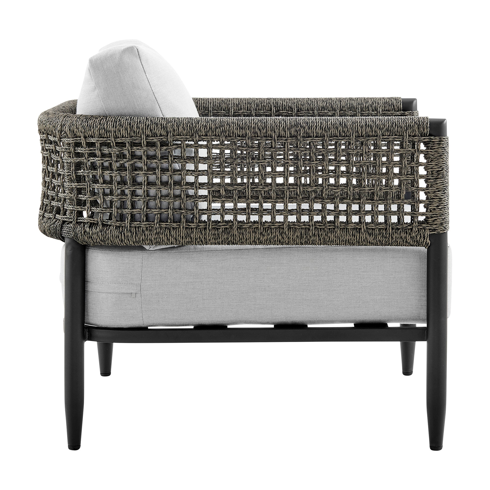 Felicia 4 Piece Outdoor Black Aluminum & Rope Conversation Set with Light Gray Fabric Cushions By Armen Living - Image 6
