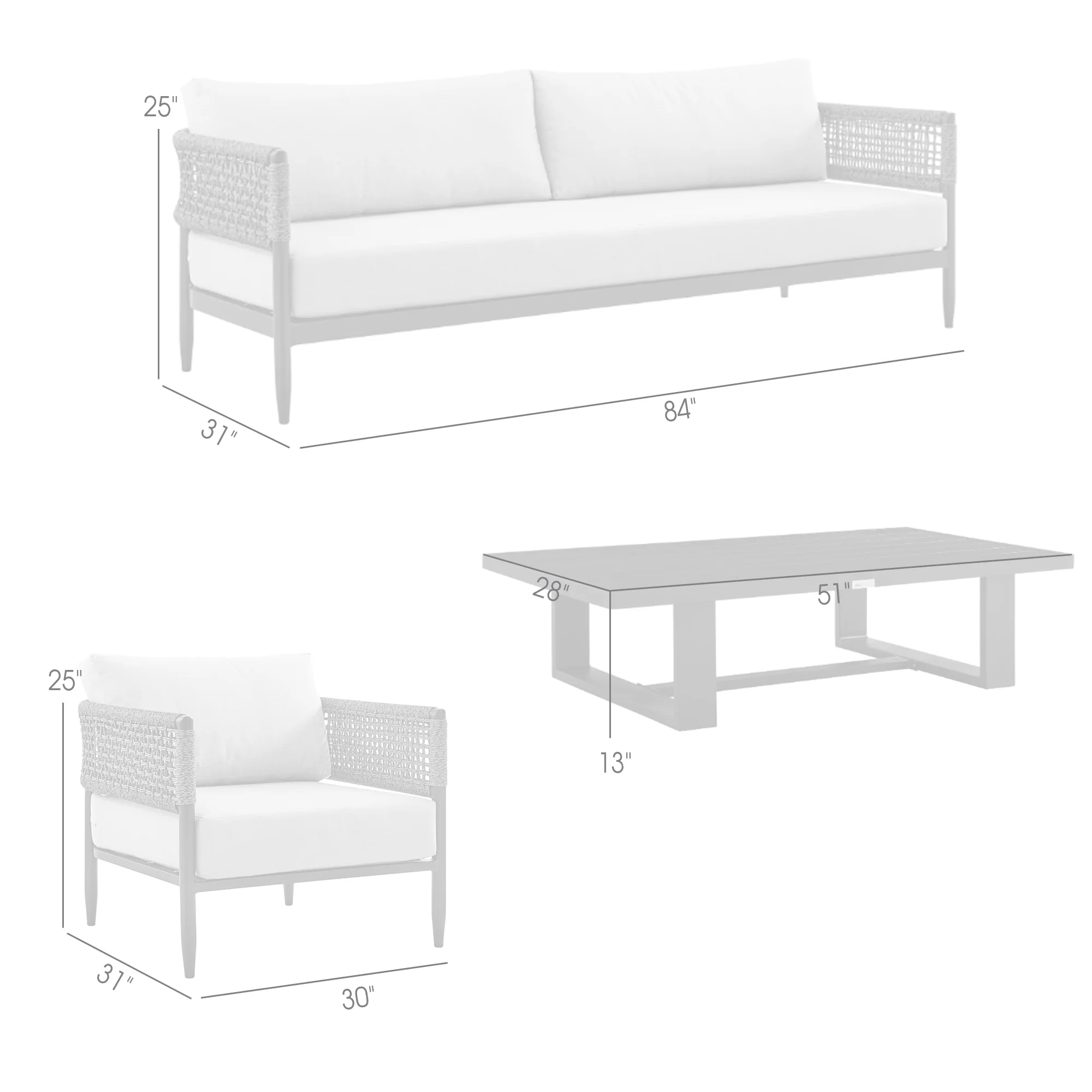 Felicia 4 Piece Outdoor Black Aluminum & Rope Conversation Set with Light Gray Fabric Cushions By Armen Living - Image 9