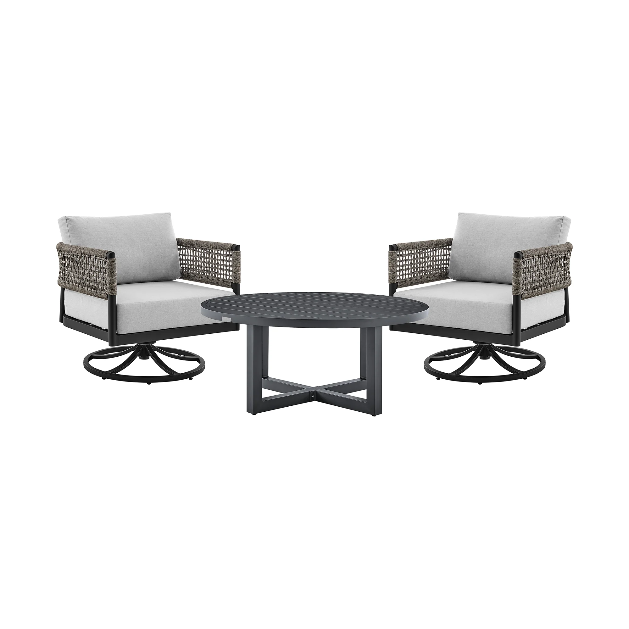 Felicia and Argiope 3 Piece Patio Outdoor Swivel Seating Set in Black Aluminum with Grey Rope and Cushions By Armen Living - Image 2