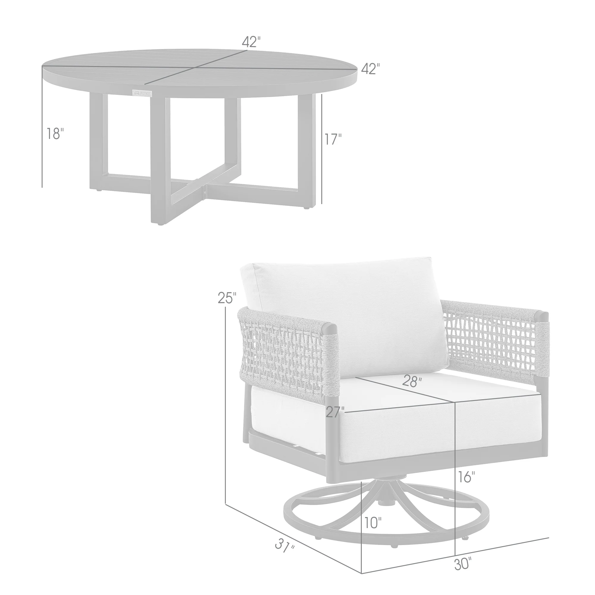 Felicia and Argiope 3 Piece Patio Outdoor Swivel Seating Set in Black Aluminum with Grey Rope and Cushions By Armen Living - Image 9