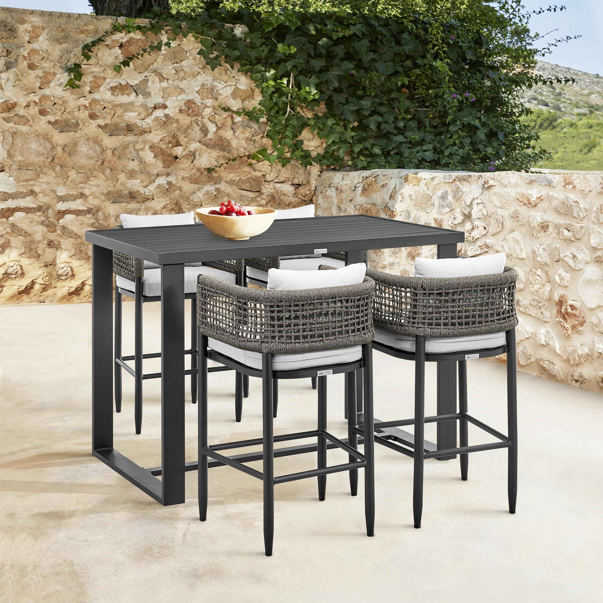 Felicia Outdoor Patio Counter Height Bar Stool in Aluminum with Grey Rope and Cushions By Armen Living - Image 3