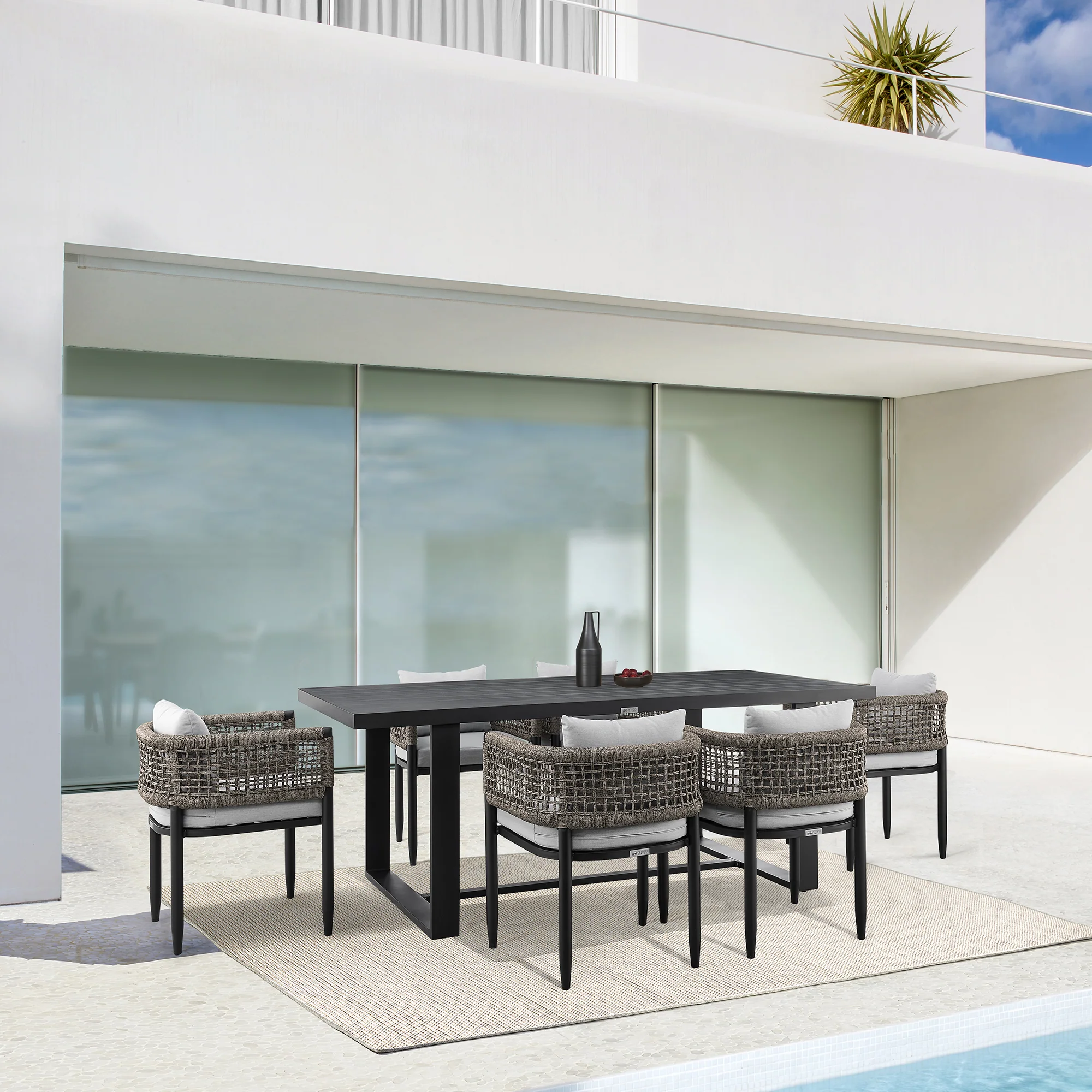 Felicia Outdoor Patio Dining Chair in Aluminum with Grey Rope and Cushions - Set of 2 By Armen Living - Image 3