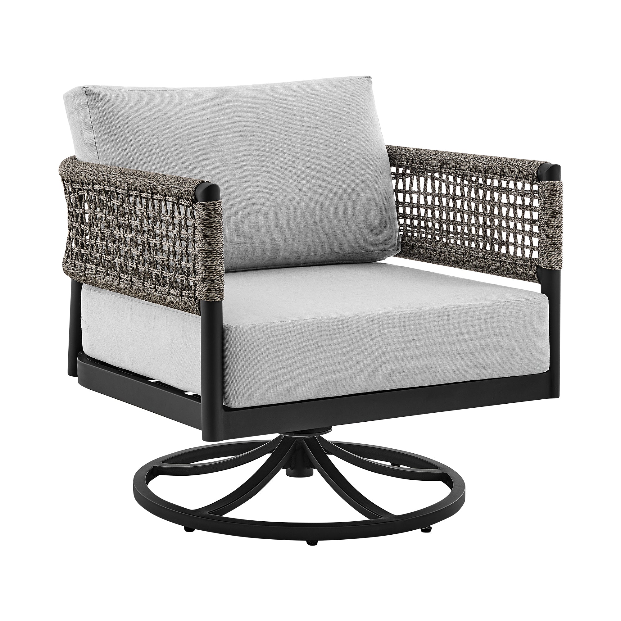 Felicia Outdoor Patio Swivel Rocking Chair in Black Aluminum and Grey Rope with Cushions By Armen Living - Image 2