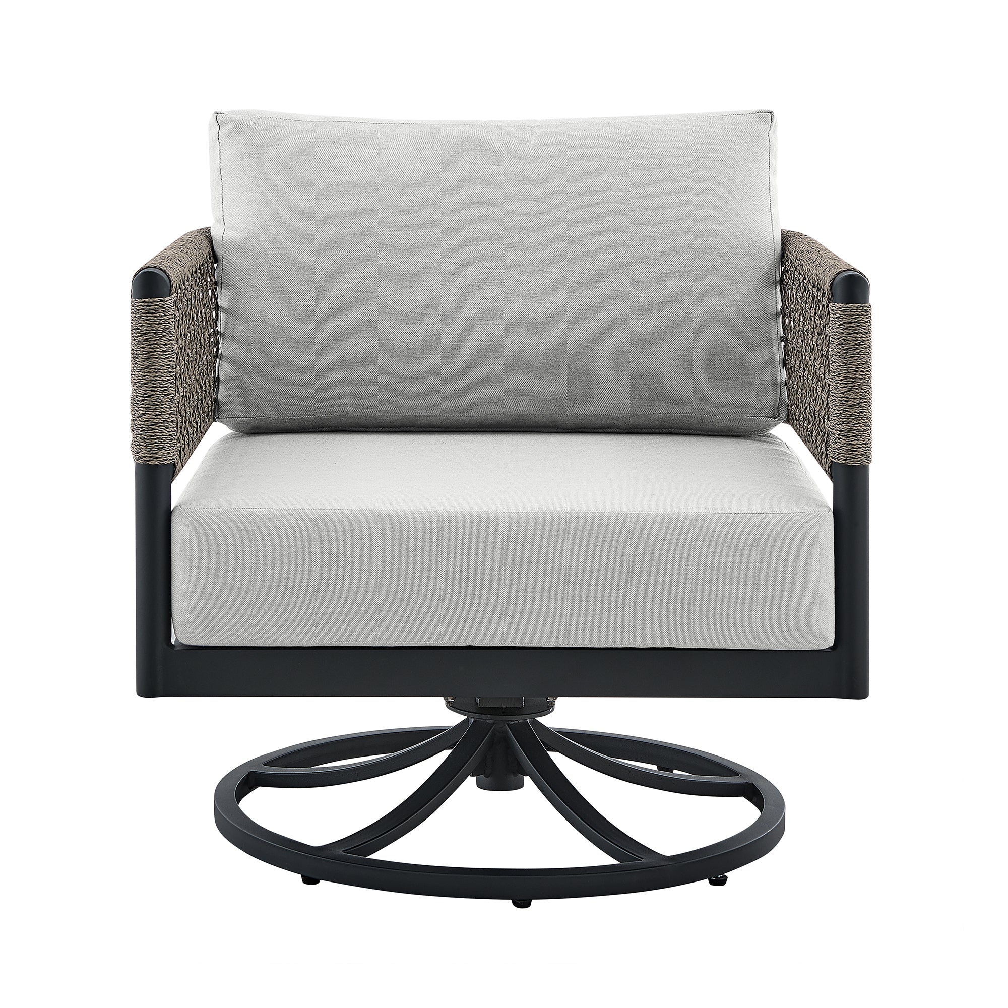 Felicia Outdoor Patio Swivel Rocking Chair in Black Aluminum and Grey Rope with Cushions By Armen Living - Image 3
