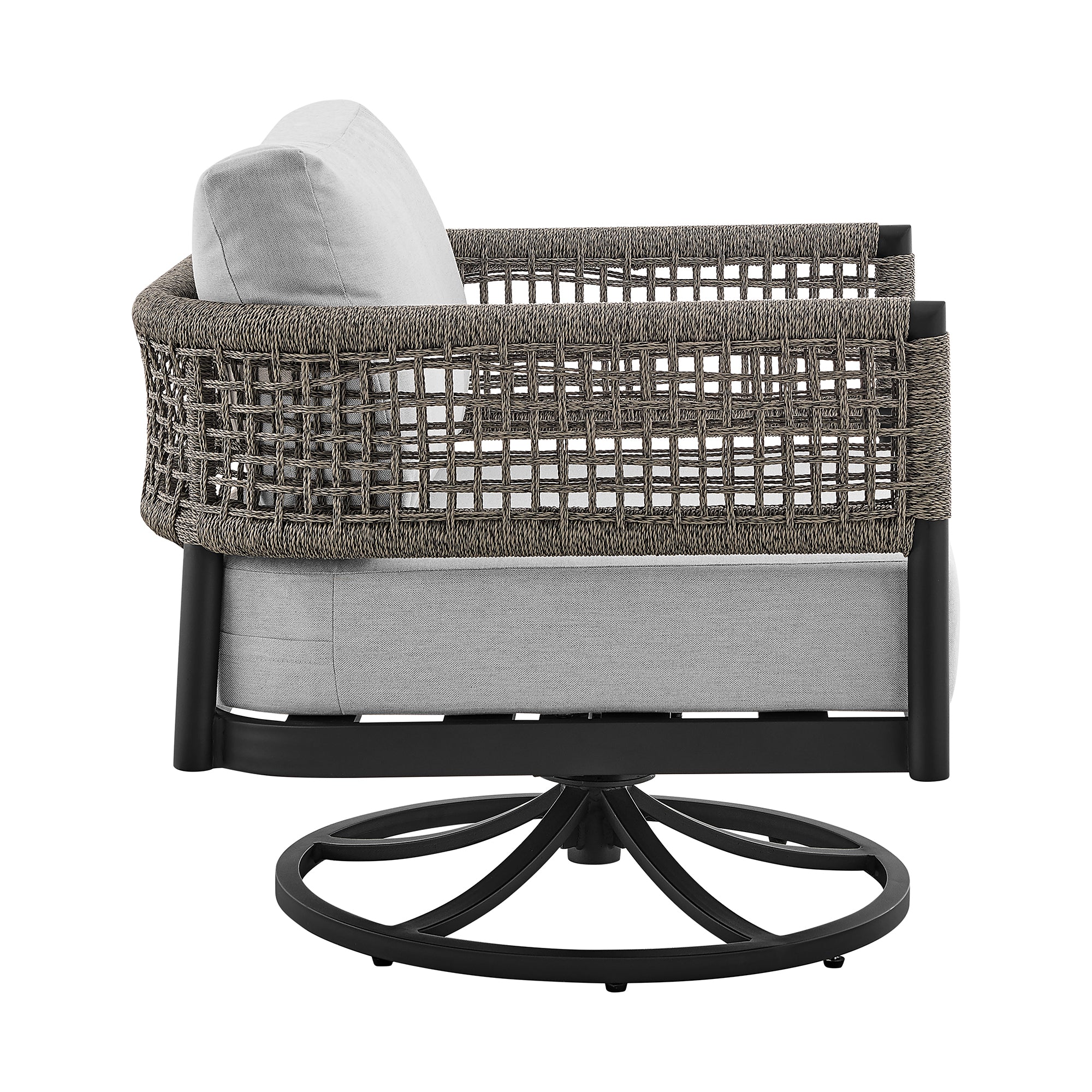 Felicia Outdoor Patio Swivel Rocking Chair in Black Aluminum and Grey Rope with Cushions By Armen Living - Image 4