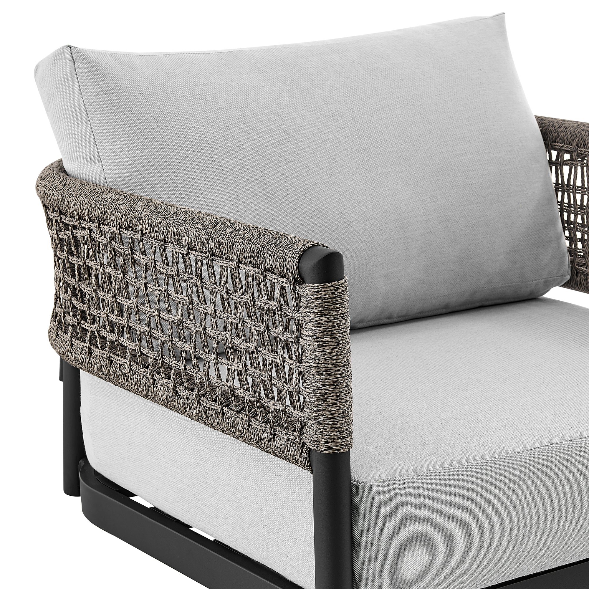 Felicia Outdoor Patio Swivel Rocking Chair in Black Aluminum and Grey Rope with Cushions By Armen Living - Image 6