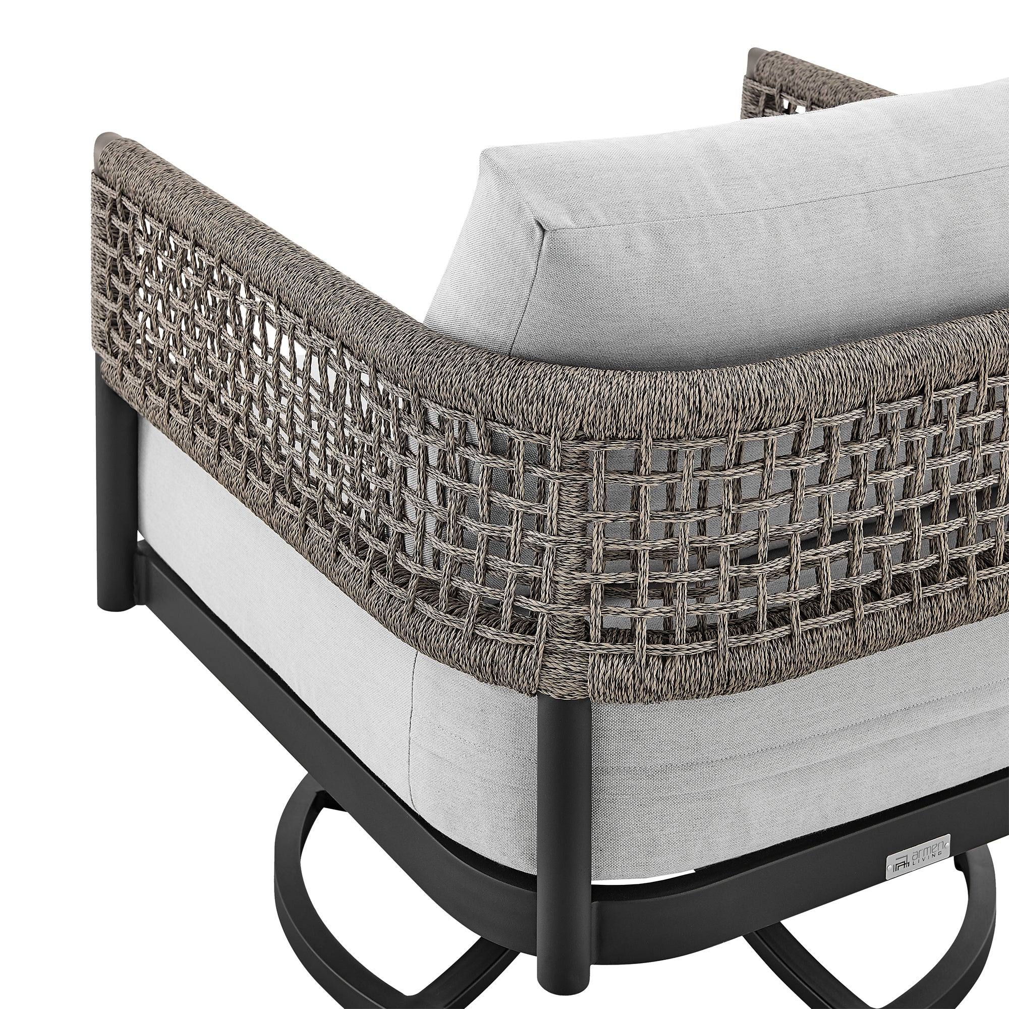 Felicia Outdoor Patio Swivel Rocking Chair in Black Aluminum and Grey Rope with Cushions By Armen Living - Image 7