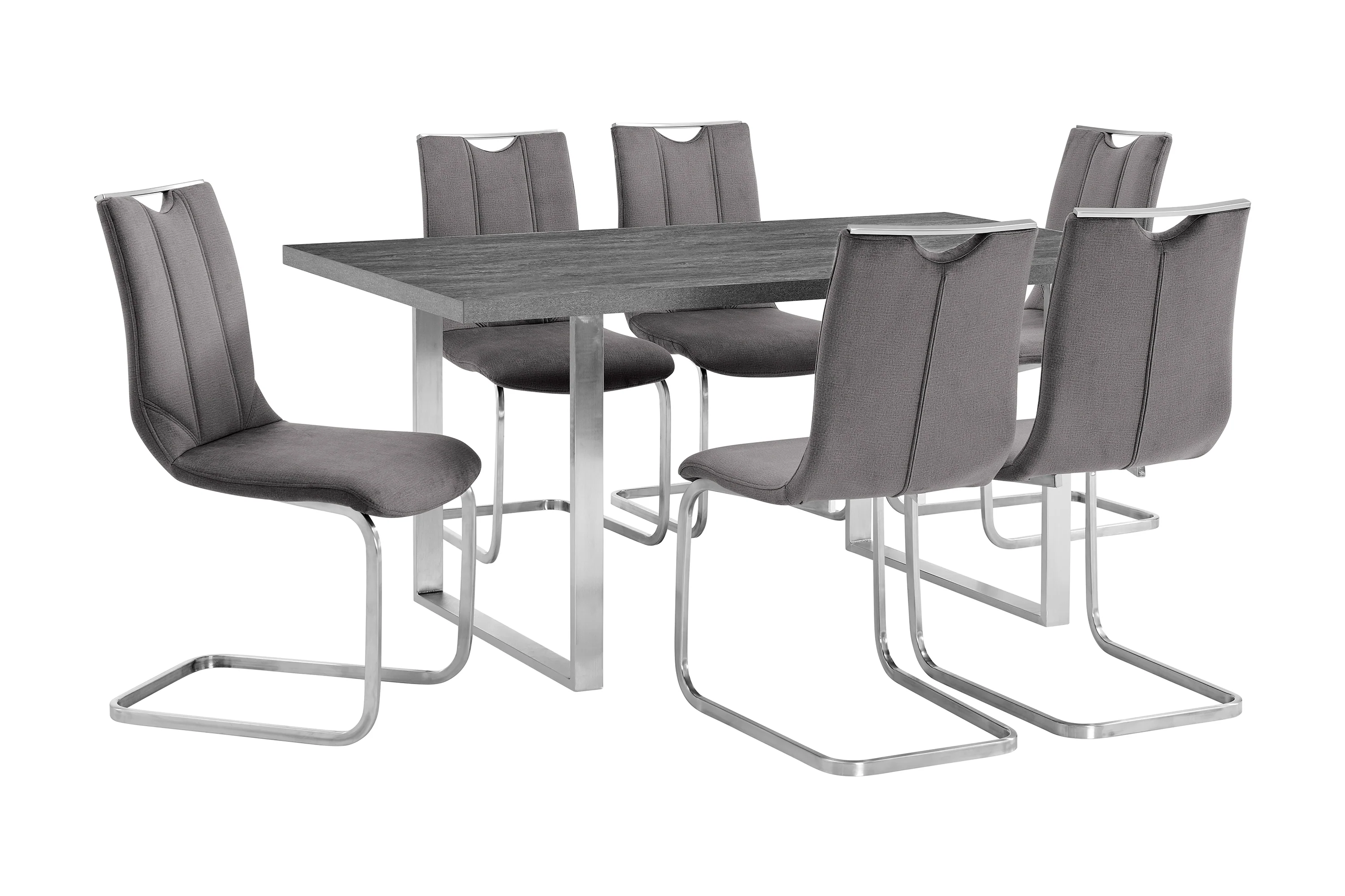 Fenton and Pacific 7 Piece Modern Rectangular Dining Set with Metal Base in Black Melamine Wood and Gray Fabric By Armen Living - Image 2