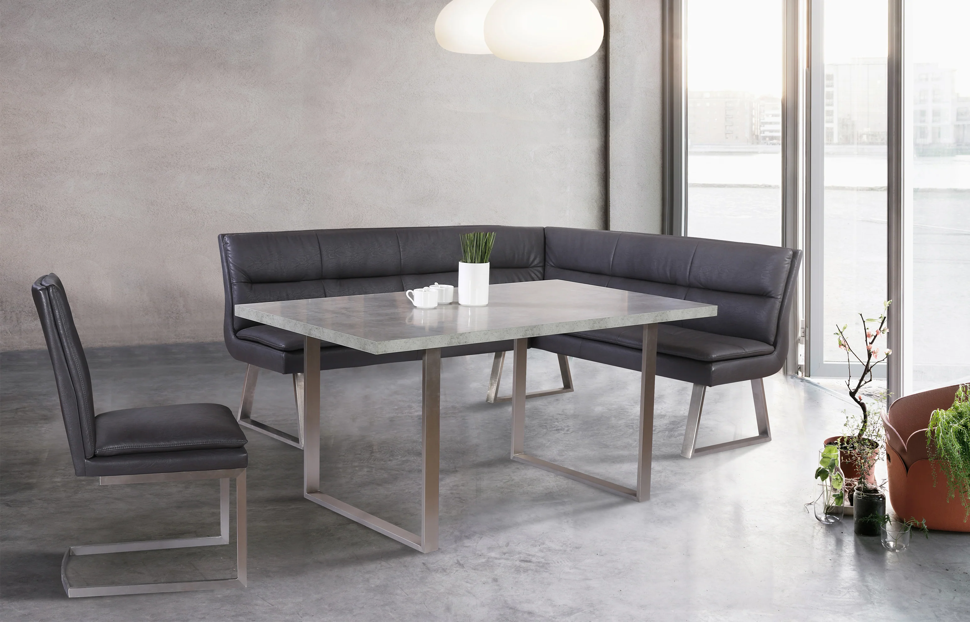 Fenton Dining Table with Cement Gray Laminate Top and Brushed Stainless Steel Base By Armen Living - Image 2