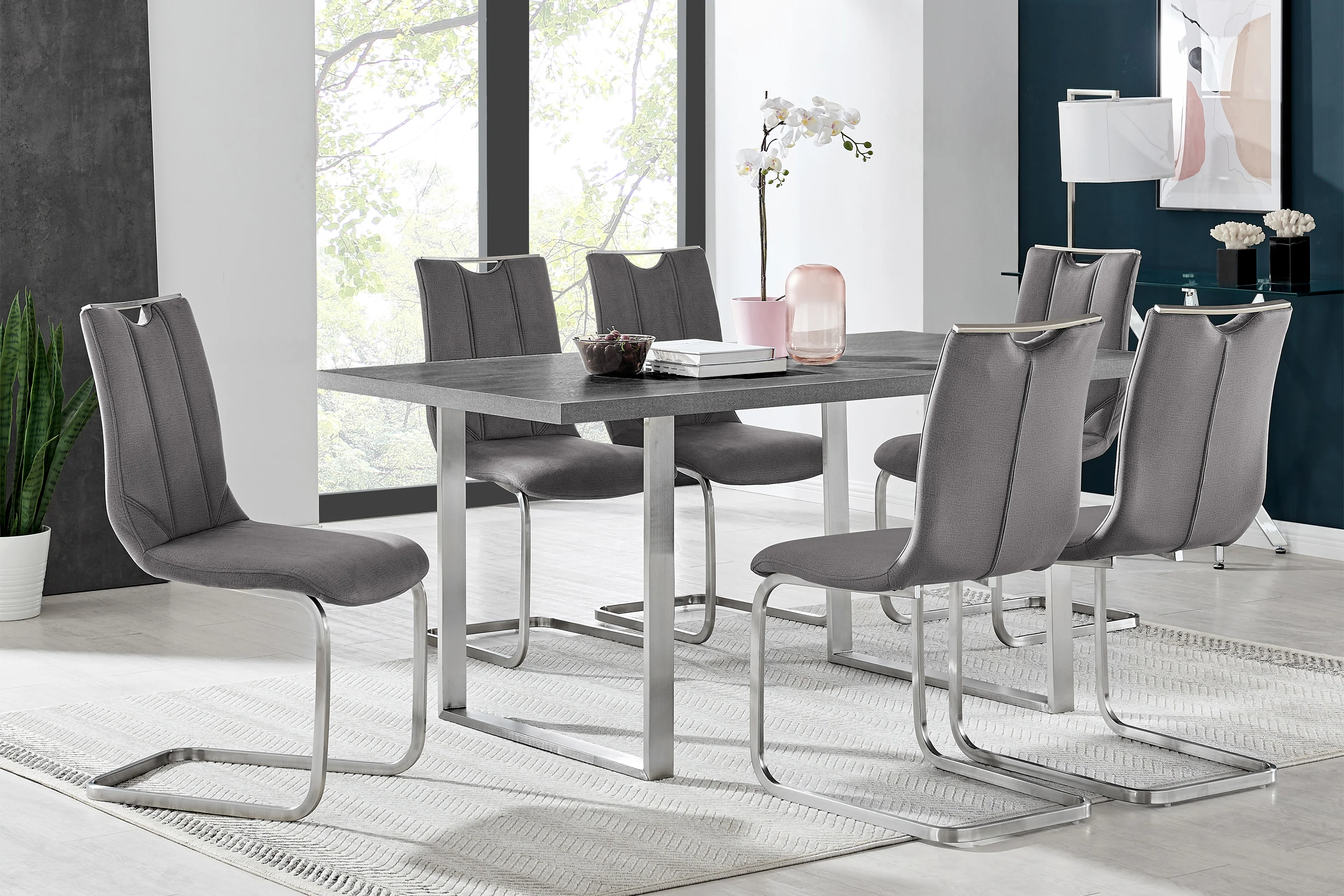 Fenton Dining Table with Gray Top and Brushed Stainless Steel Base By Armen Living - Image 3
