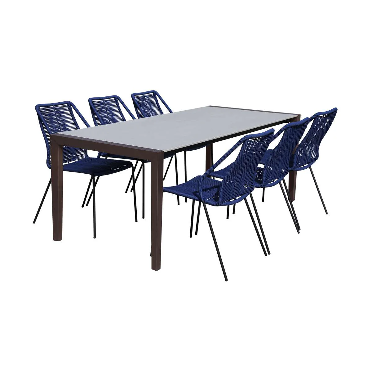 Fineline and Clip Indoor Outdoor 7 Piece Dining Set in Dark Eucalyptus Wood with Superstone and Blue Rope By Armen Living - Image 2