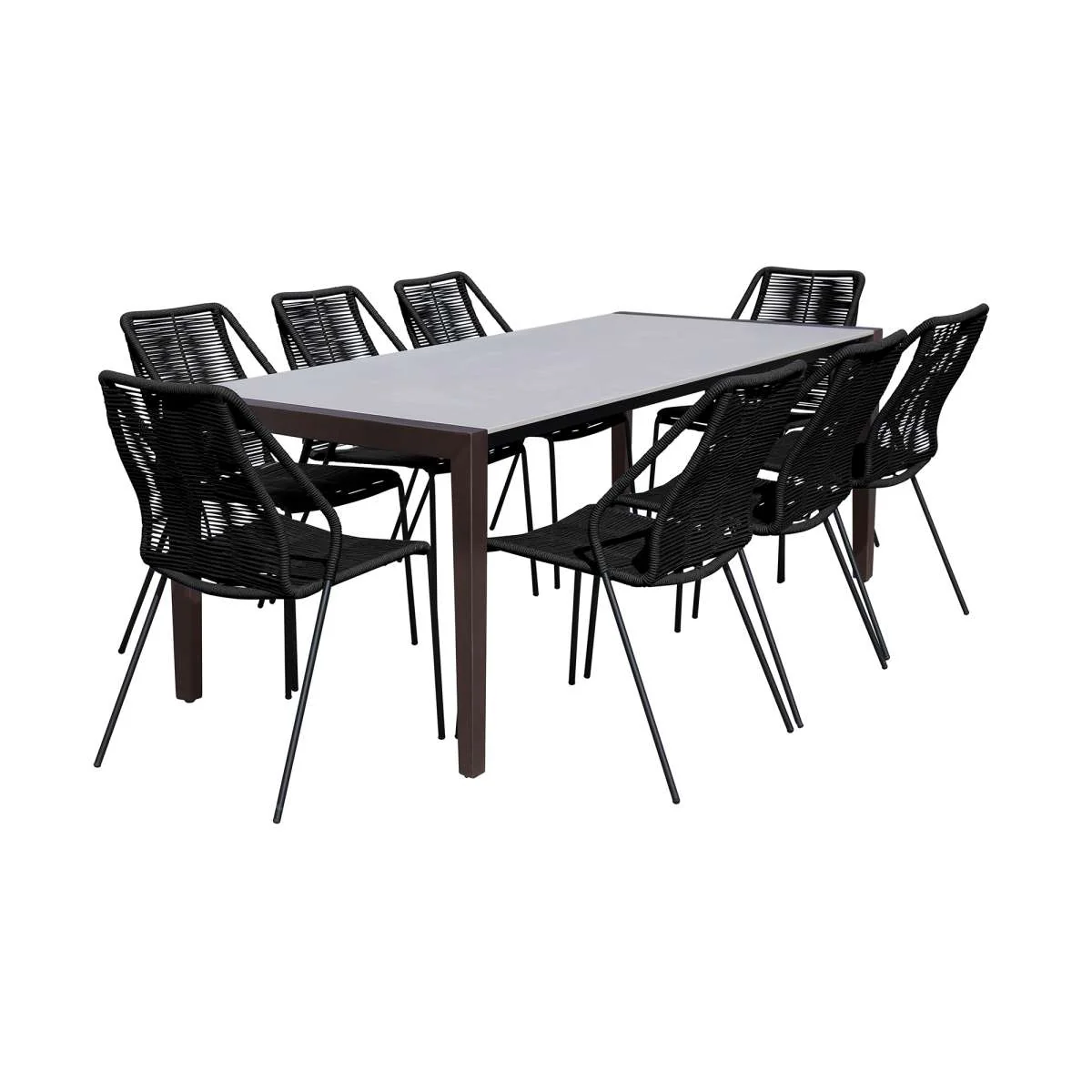 Fineline and Clip Indoor Outdoor 9 Piece Dining Set in Dark Eucalyptus Wood with Superstone and Black Rope By Armen Living - Image 10