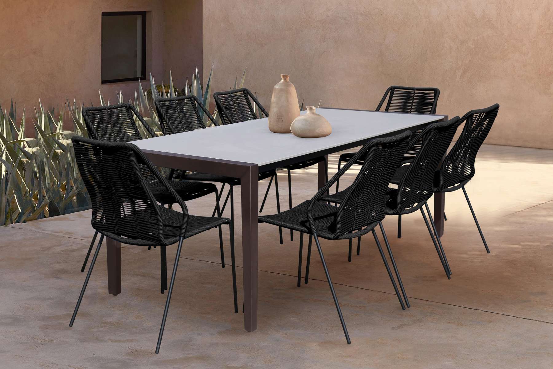 Fineline and Clip Indoor Outdoor 9 Piece Dining Set in Dark Eucalyptus Wood with Superstone and Black Rope By Armen Living - Image 11