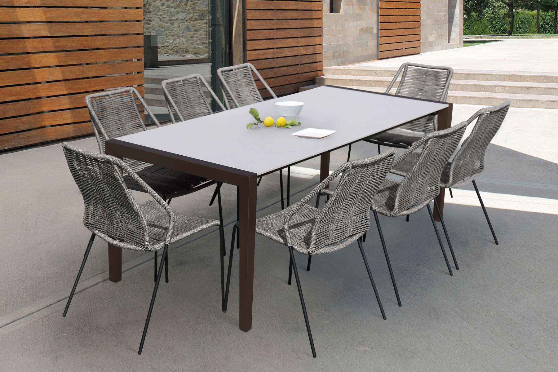 Fineline and Clip Indoor Outdoor 9 Piece Dining Set in Dark Eucalyptus Wood with Superstone and Black Rope By Armen Living - Image 28