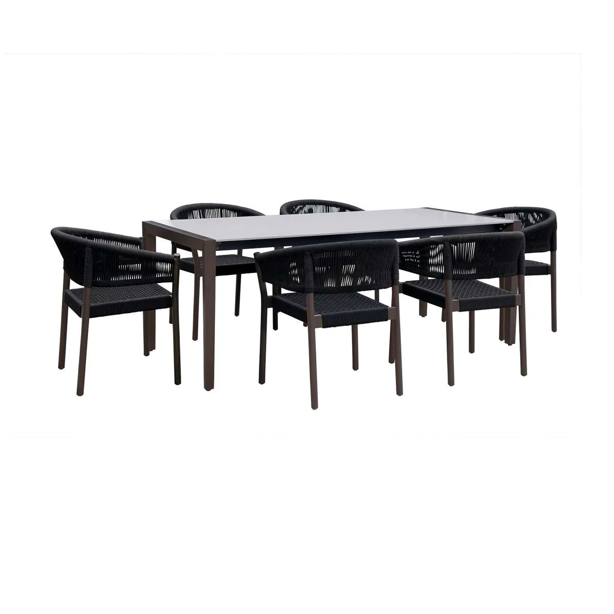 Fineline and Doris Indoor Outdoor 7 Piece Dining Set in Dark Eucalyptus Wood with Superstone and Black Rope By Armen Living - Image 2
