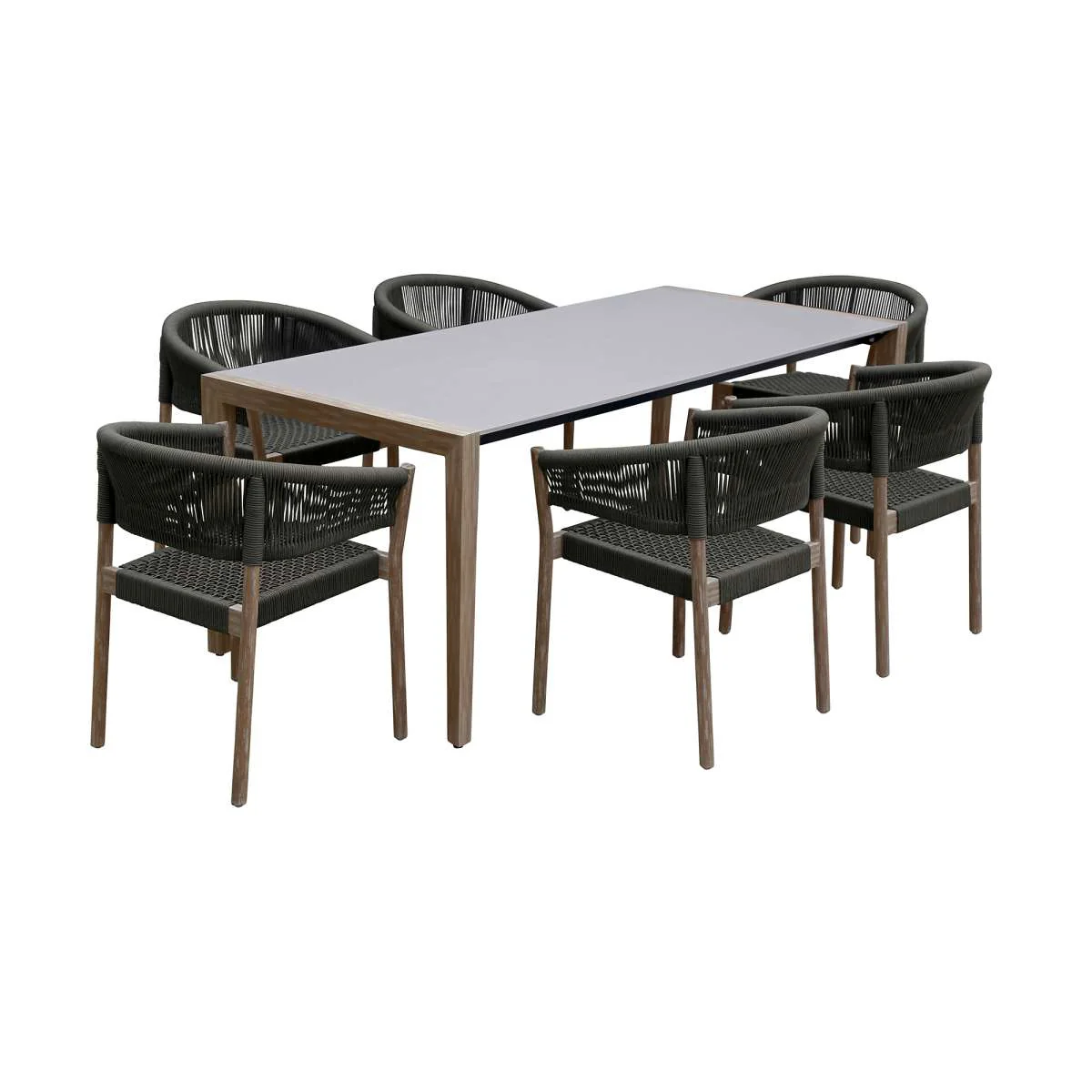 Fineline and Doris Indoor Outdoor 7 Piece Dining Set in Light Eucalyptus Wood with Superstone and Charcoal Rope By Armen Living - Image 2