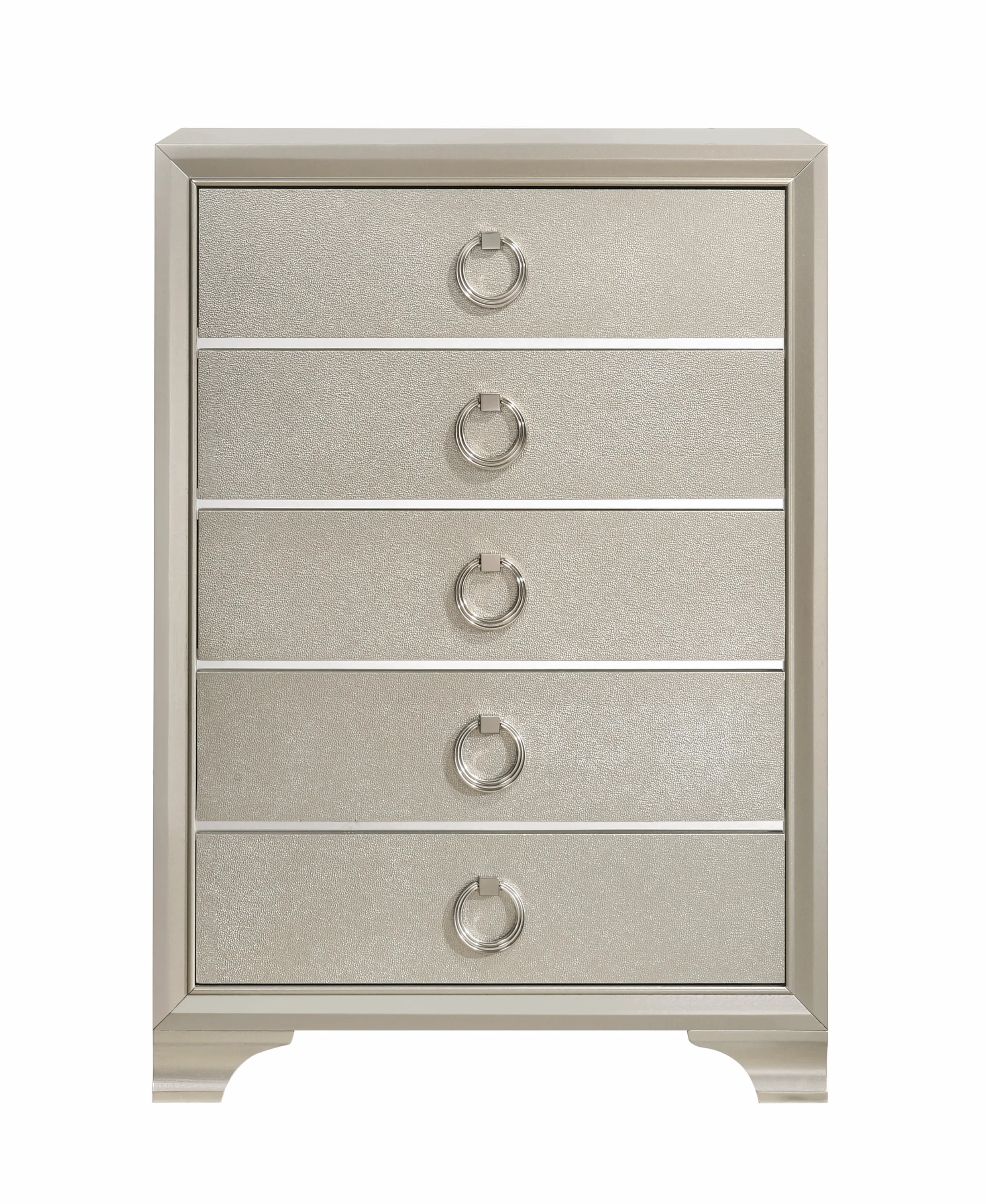 Five Drawers Wooden Dresser with Oversized Ring Handles, Silver By Benzara - Image 2