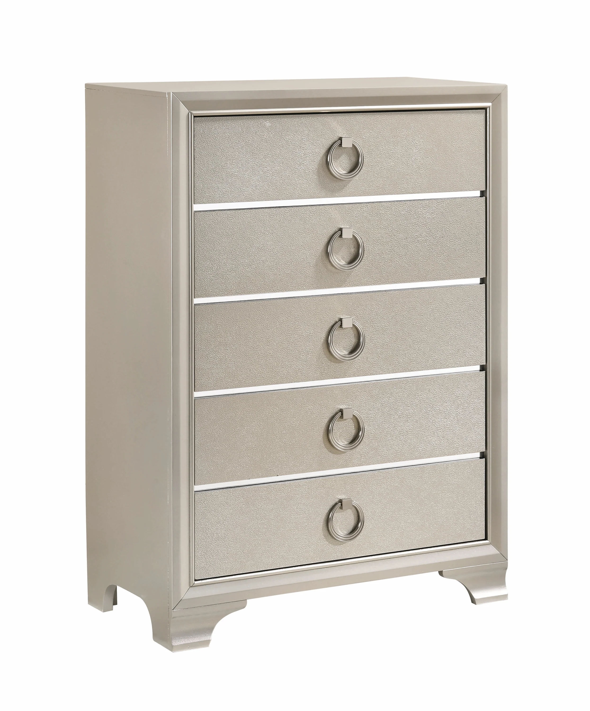 Five Drawers Wooden Dresser with Oversized Ring Handles, Silver By Benzara - Image 7