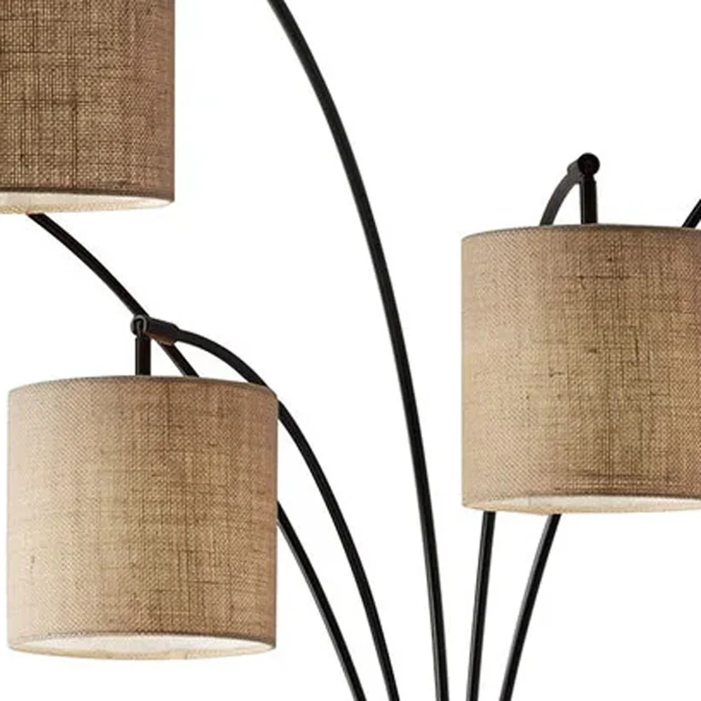 Five Light Floor Lamp Bronze Metal Arc Arms and Petite Burlap Drum Shades - Image 2