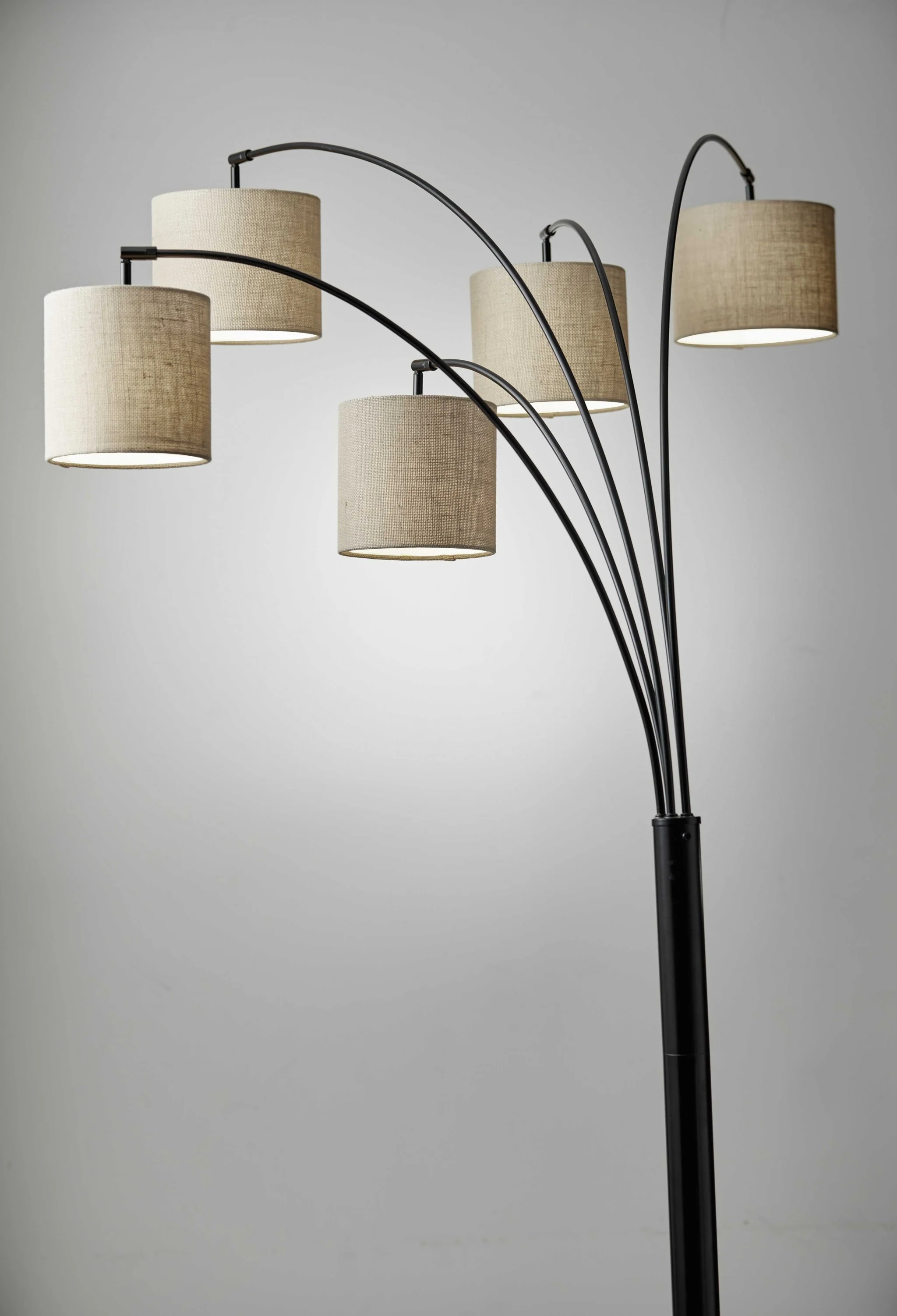 Five Light Floor Lamp Bronze Metal Arc Arms and Petite Burlap Drum Shades - Image 3