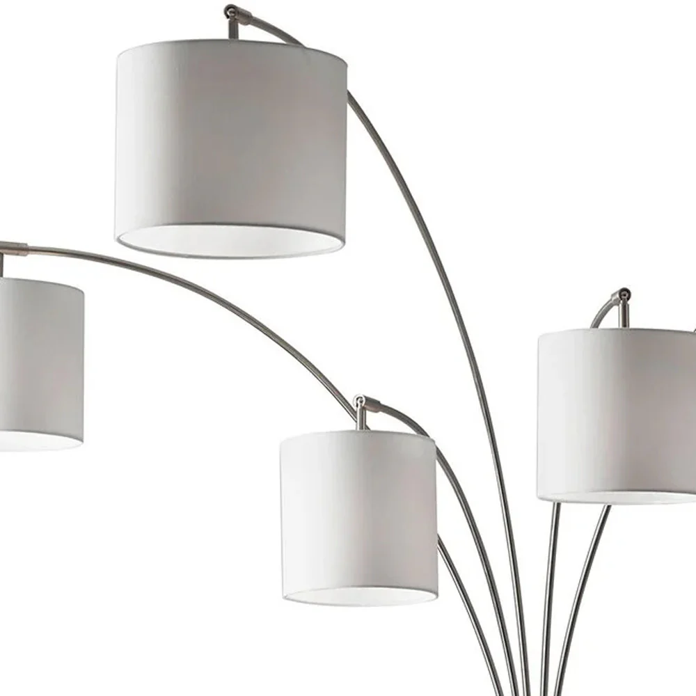 Five Light Floor Lamp Brushed Steel Arc Arms and Petite White Drum Shades - Image 2