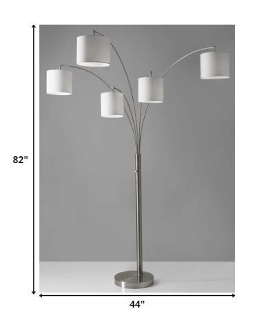 Five Light Floor Lamp Brushed Steel Arc Arms and Petite White Drum Shades - Image 3