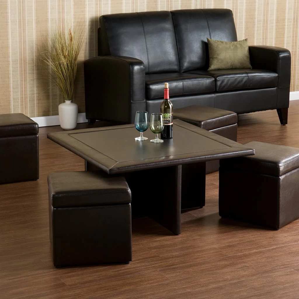 Five Piece Dark Brown Faux Leather Coffee Table and Storage Ottoman Set By Homeroots - Image 2