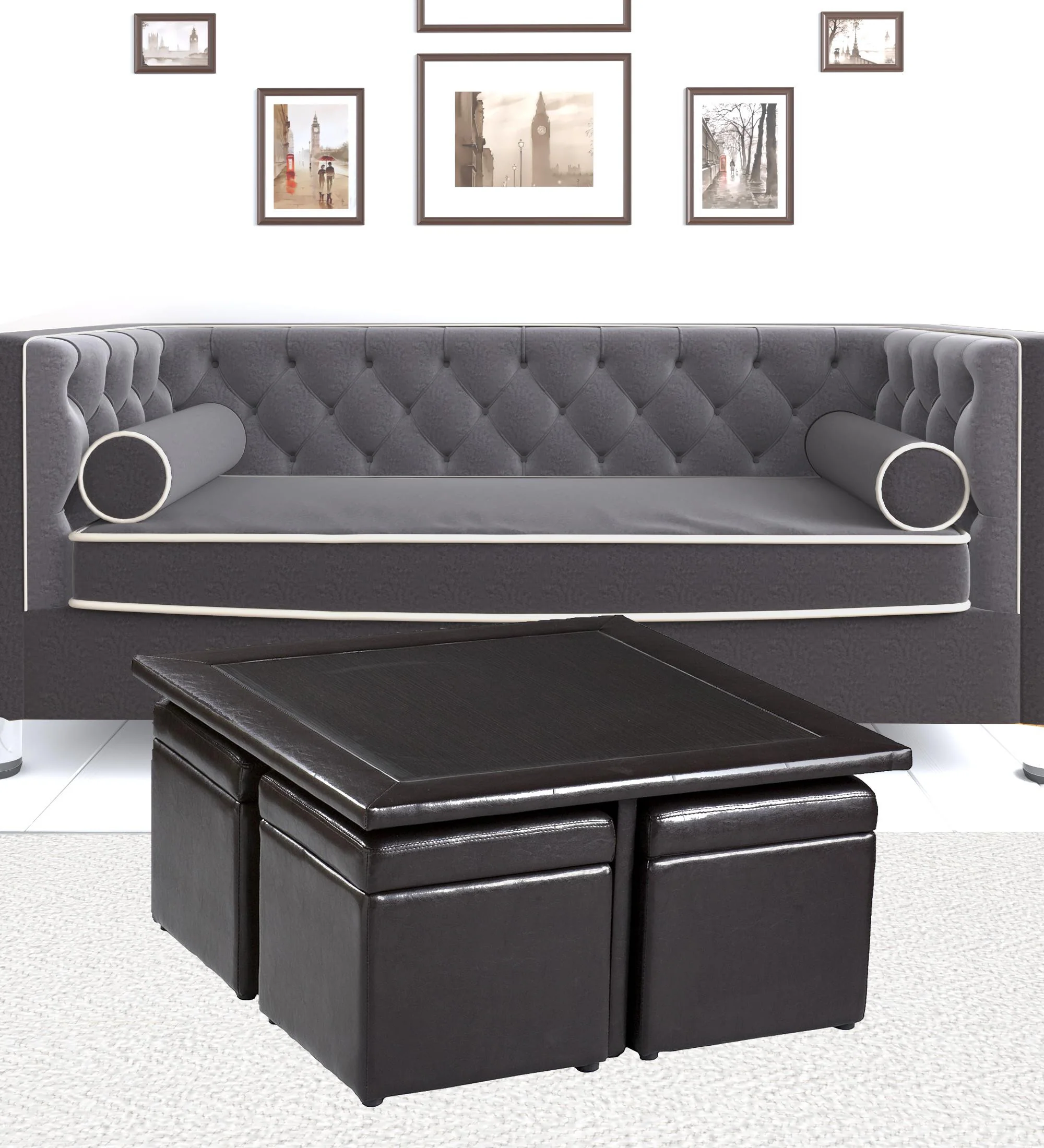 Five Piece Dark Brown Faux Leather Coffee Table and Storage Ottoman Set By Homeroots - Image 9
