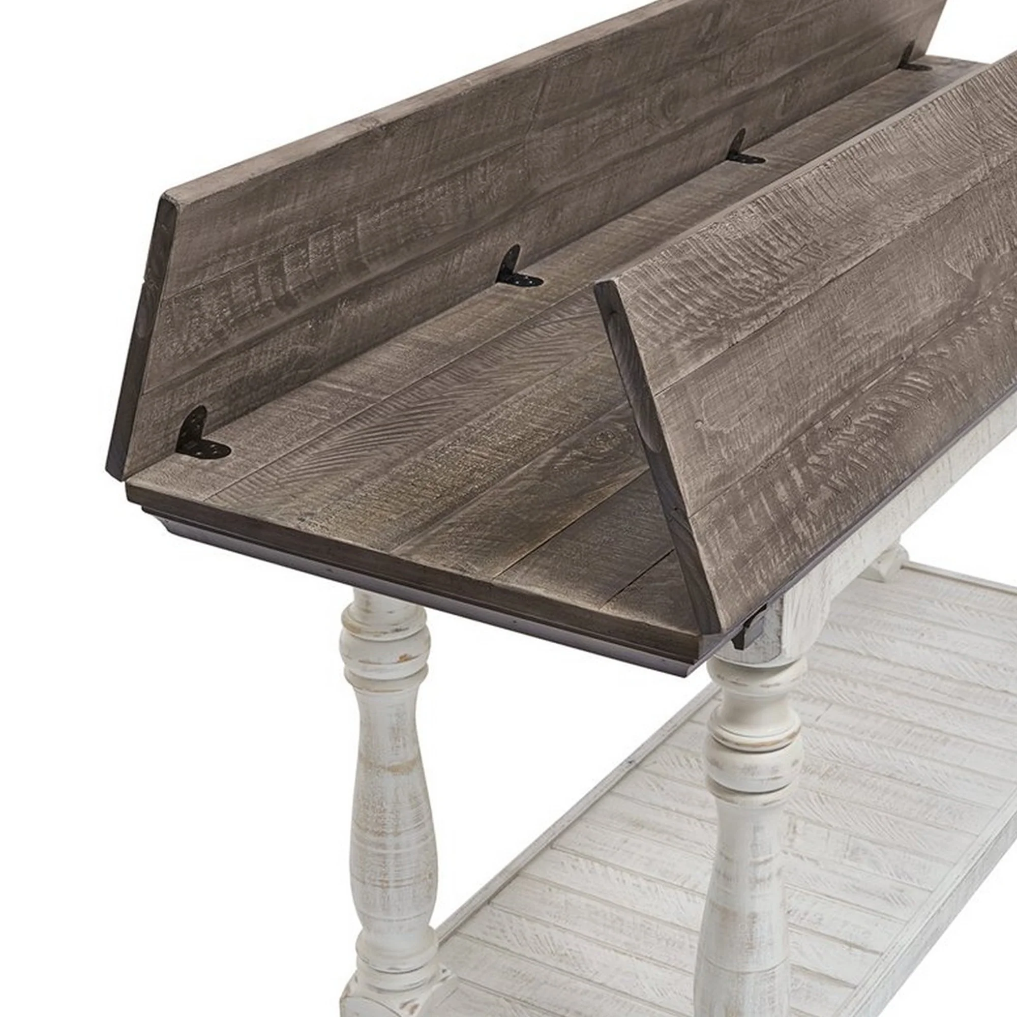 Flip Top Wooden Sofa Table With Open Bottom Shelf Brown And Antique White By Benzara - Image 2