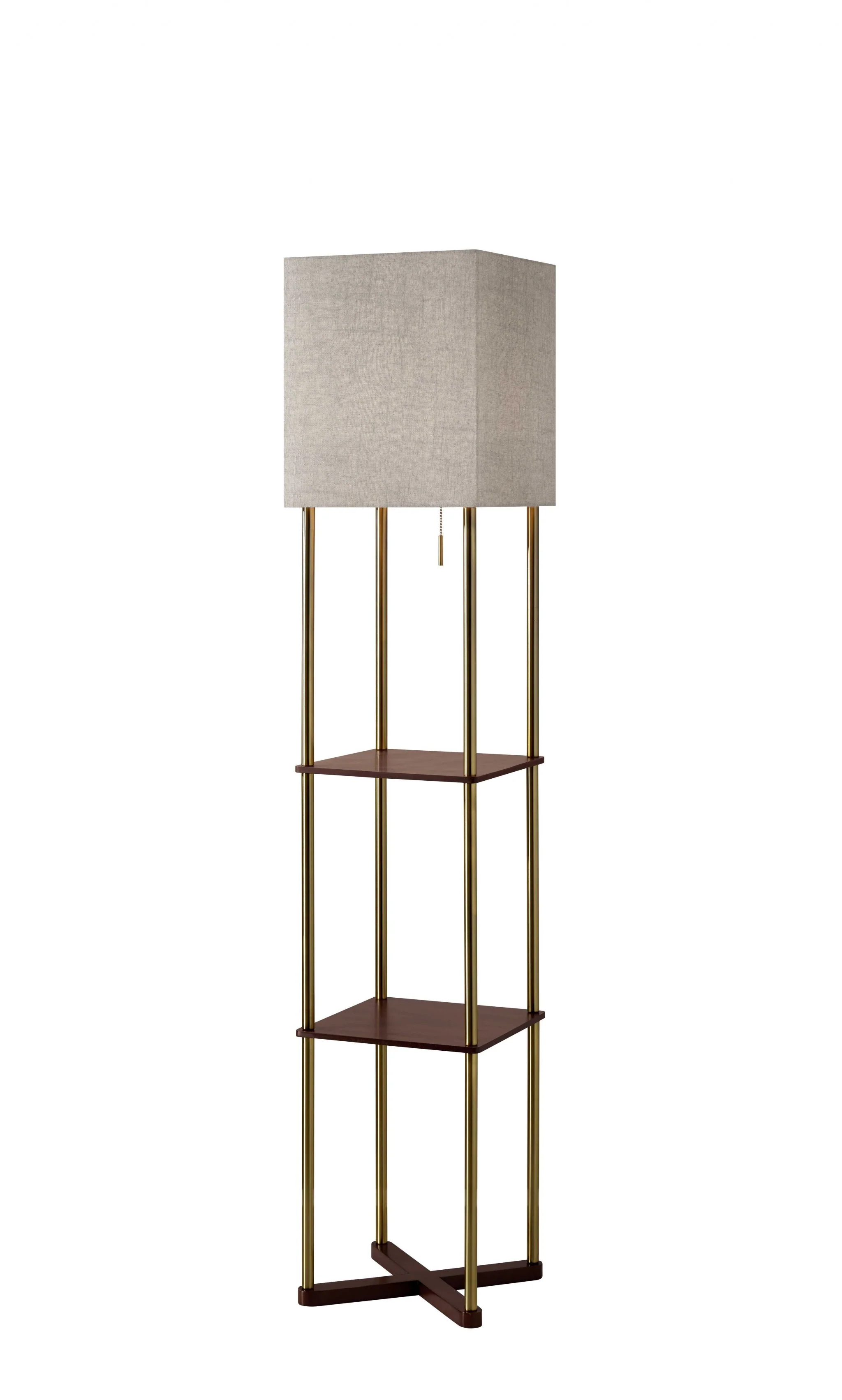 Floor Lamp with Antique Brass Poles and Walnut Wood Finish Storage Shelves with Two USB Ports By Homeroots - Image 2