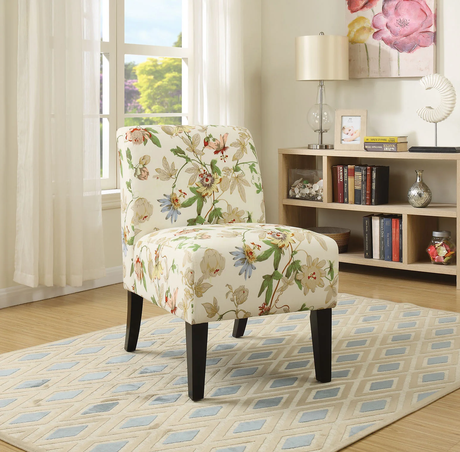 Floral Fabric Slipper Accent Chair with Dark Wood Legs By Homeroots - Image 2