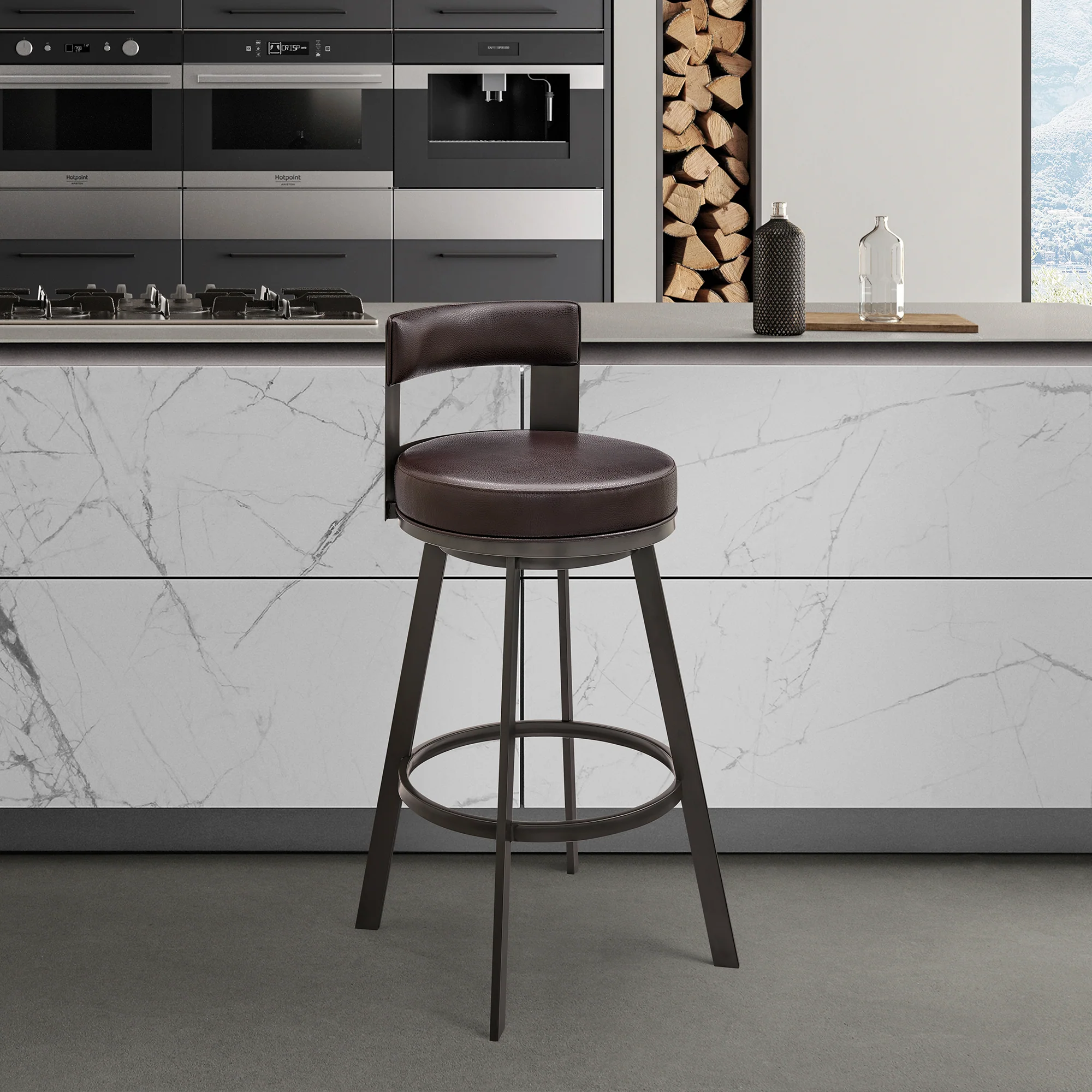 Flynn 26" Swivel Counter Stool in Black Metal with Light Gray Faux Leather By Armen Living - Image 10