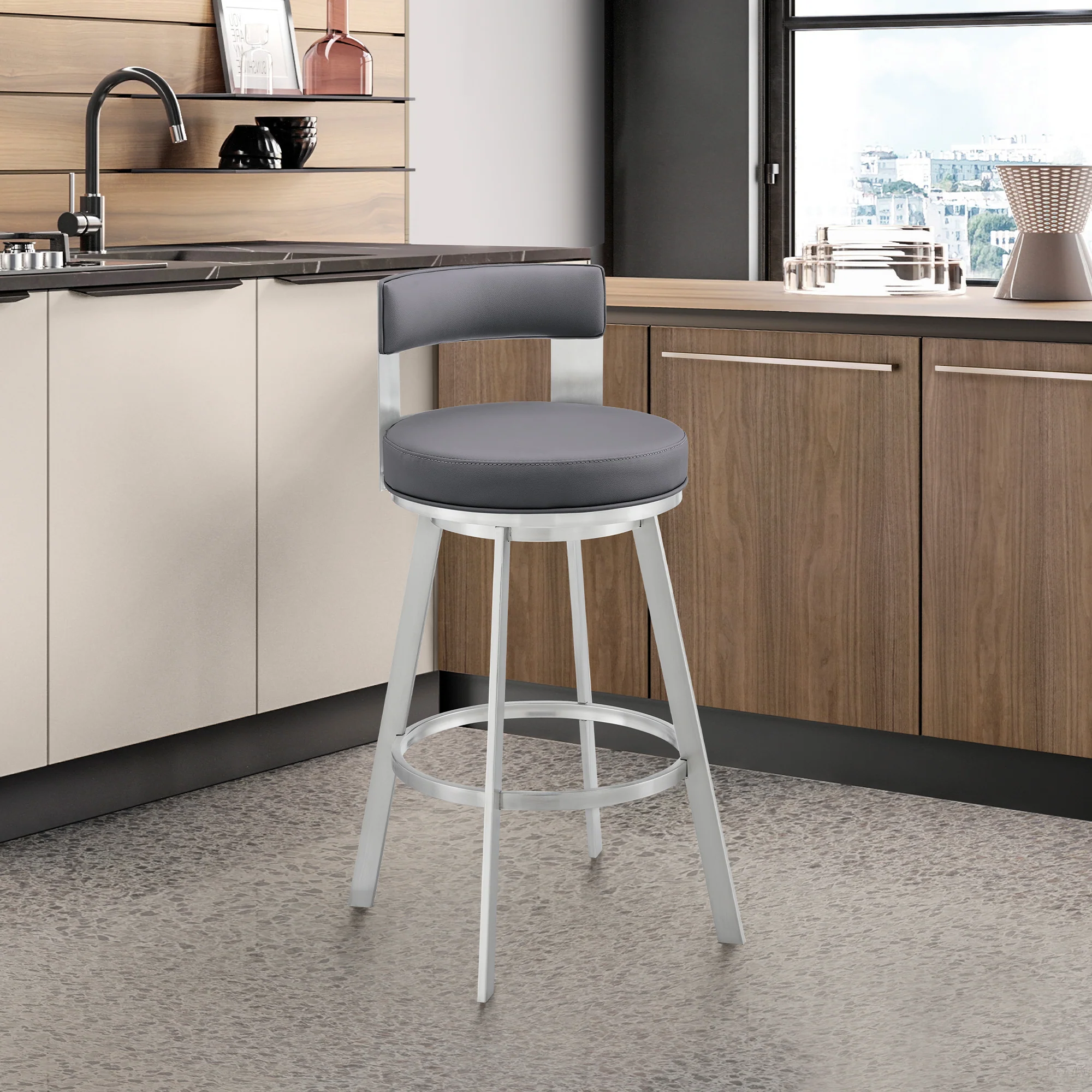 Flynn 26" Swivel Counter Stool in Black Metal with Light Gray Faux Leather By Armen Living - Image 19