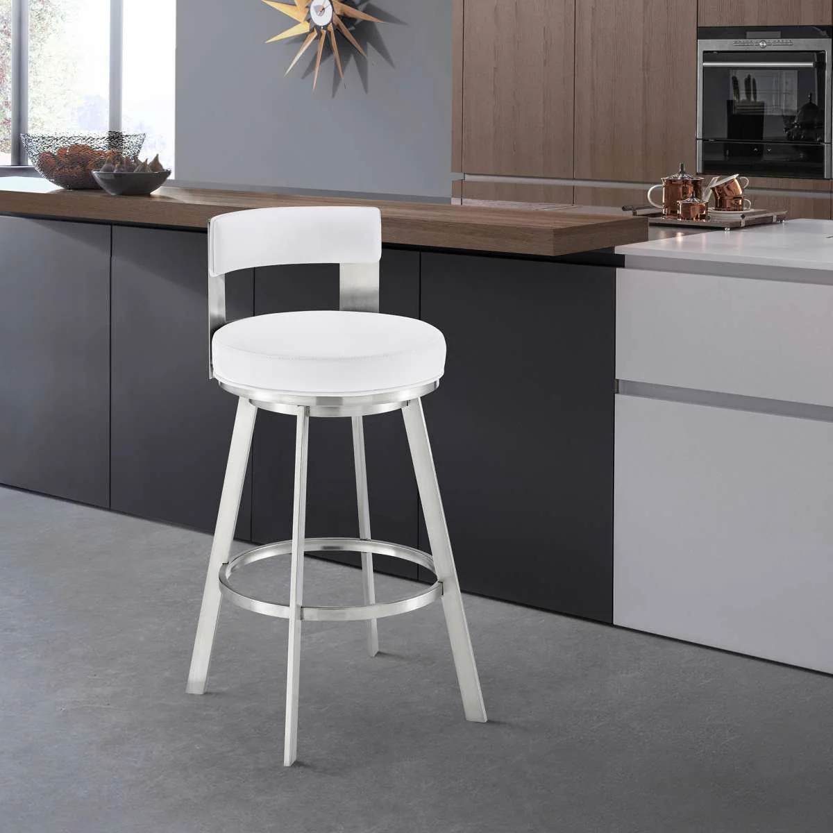 Flynn 26" Swivel Counter Stool in Brushed Stainless Steel with Black Faux Leather By Armen Living - Image 15