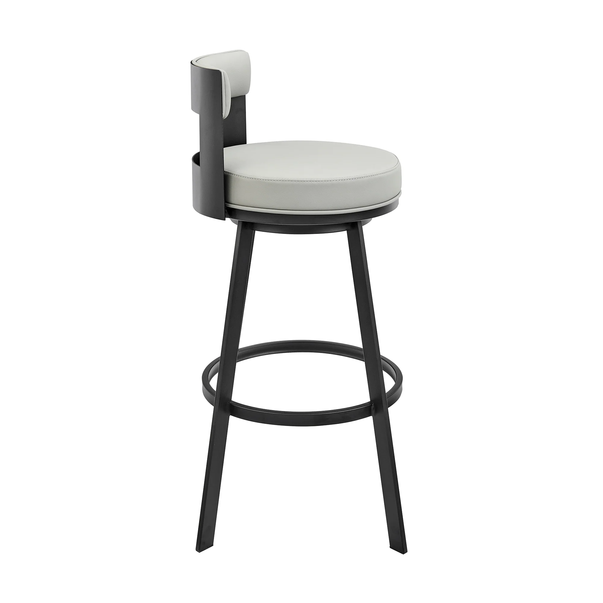 Flynn 30" Swivel Bar Stool in Black Metal with Light Gray Faux Leather By Armen Living - Image 4